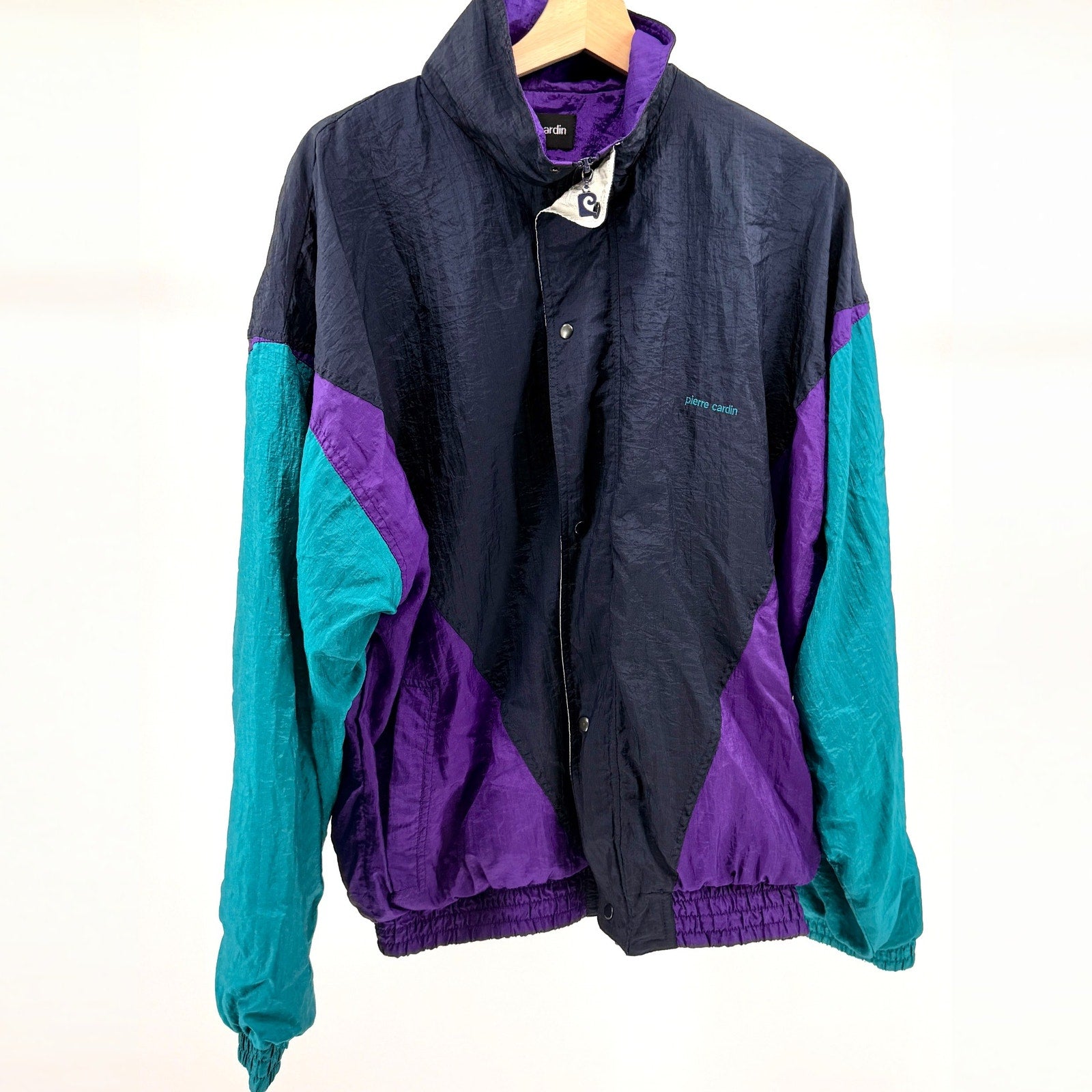 Vintage 80s Pierre Cardin Purple Teal Navy Colorblock Nylon Windbreaker Jacket