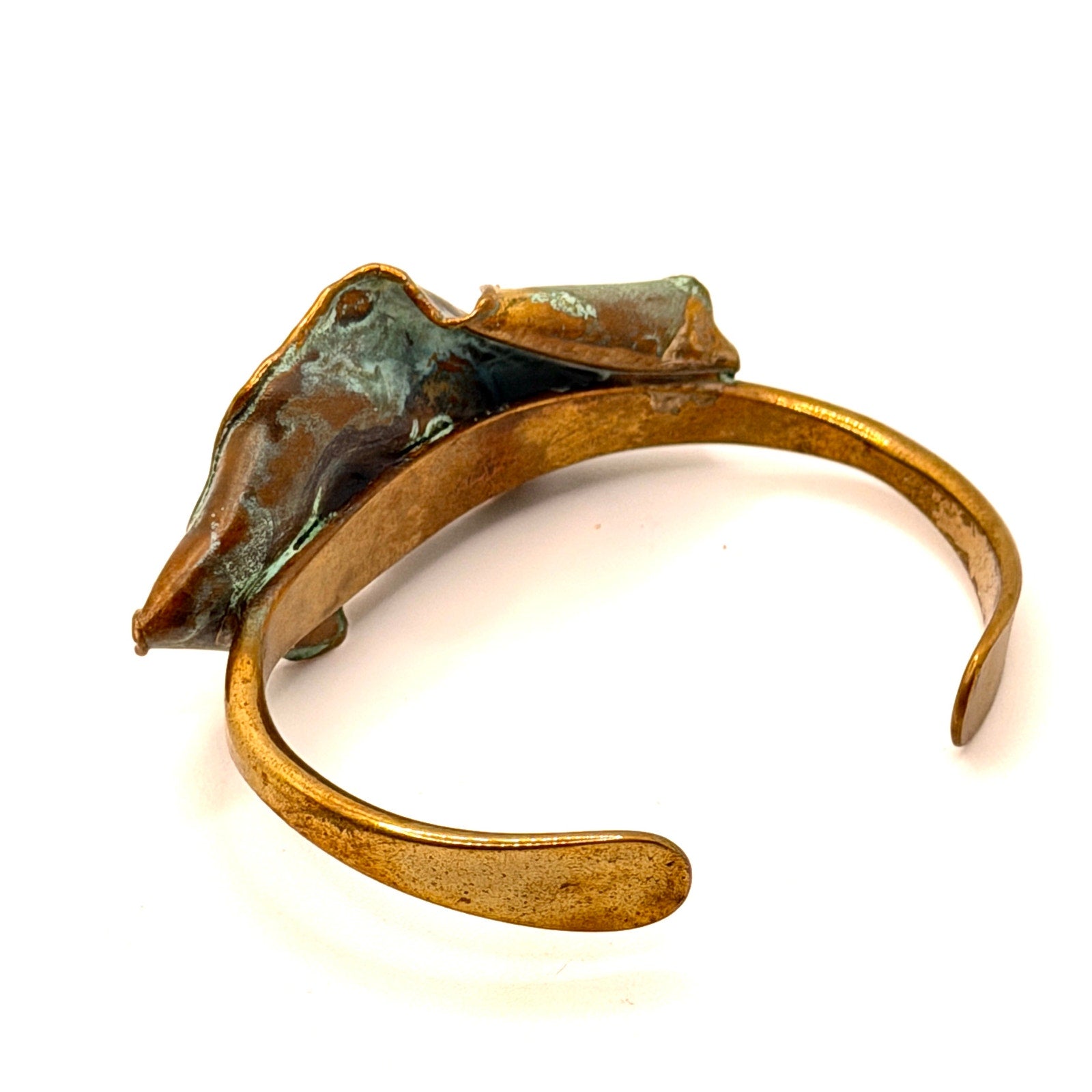 Vintage 70s Brutalist Artisanal Copper Verdigris Patina Sculptural Cuff Bracelet