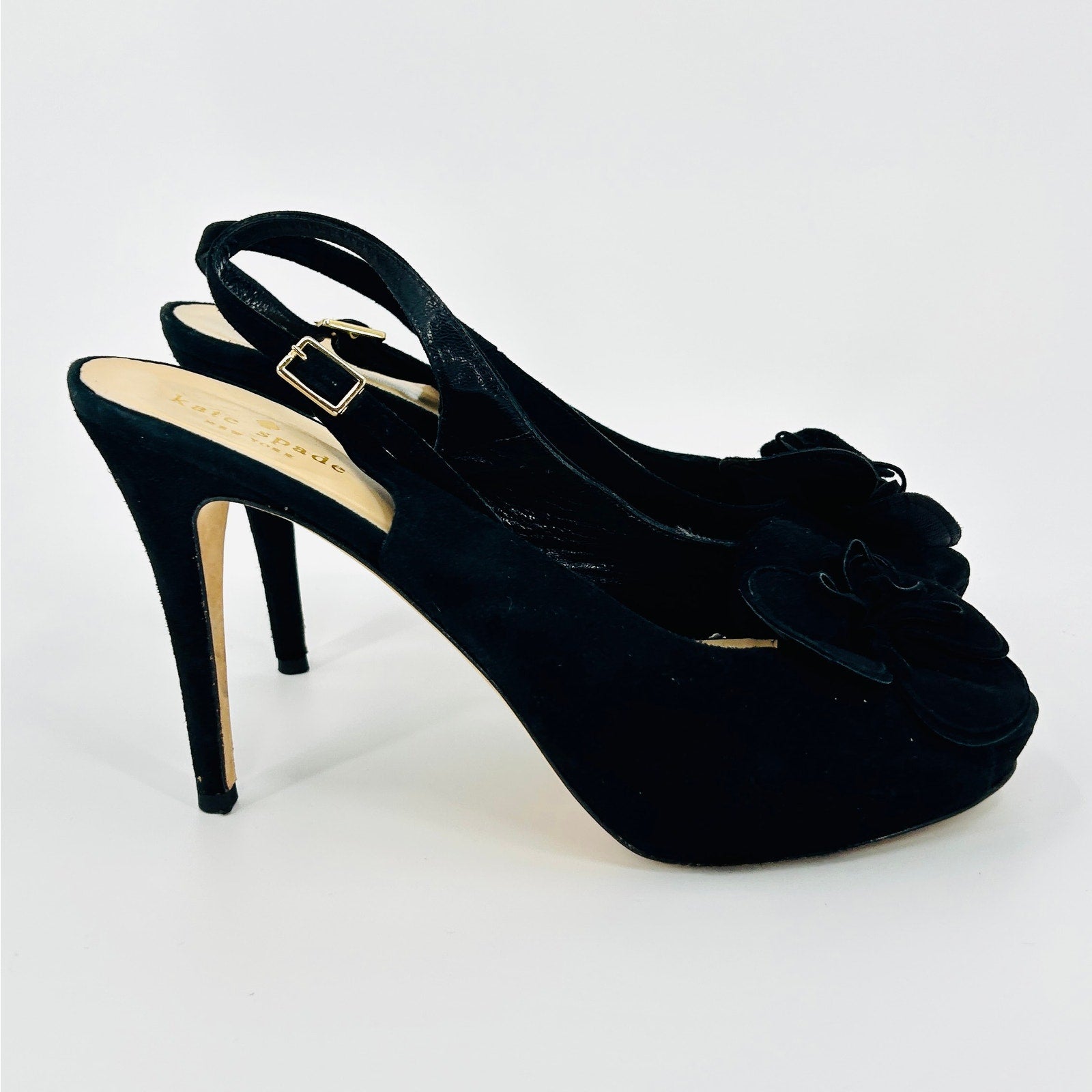 Kate Spade Black Genuine Suede Leather Rosette Platform Slingback Heels