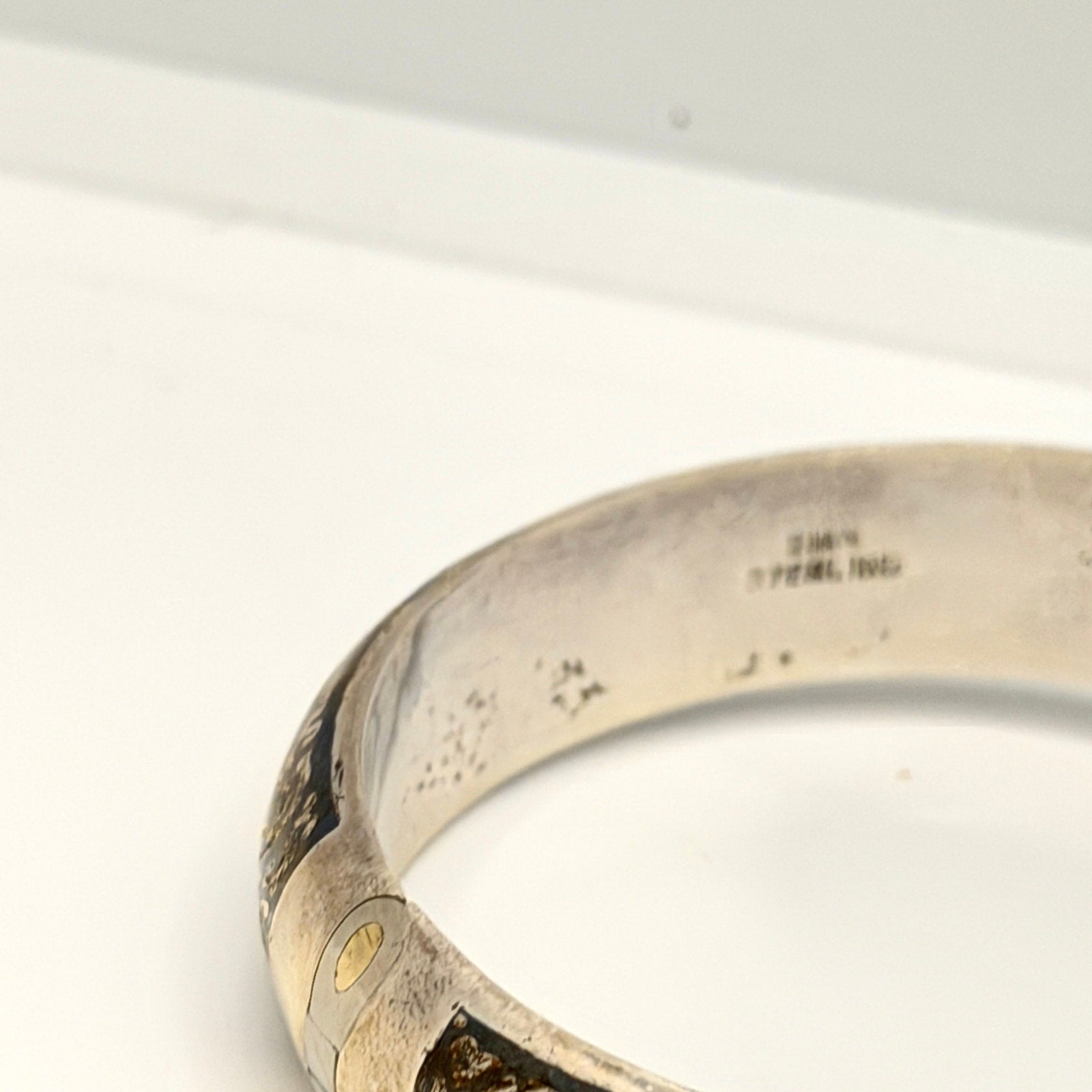Vintage 50s Stamped Siam Sterling Silver Blue Niello Hinged Bangle