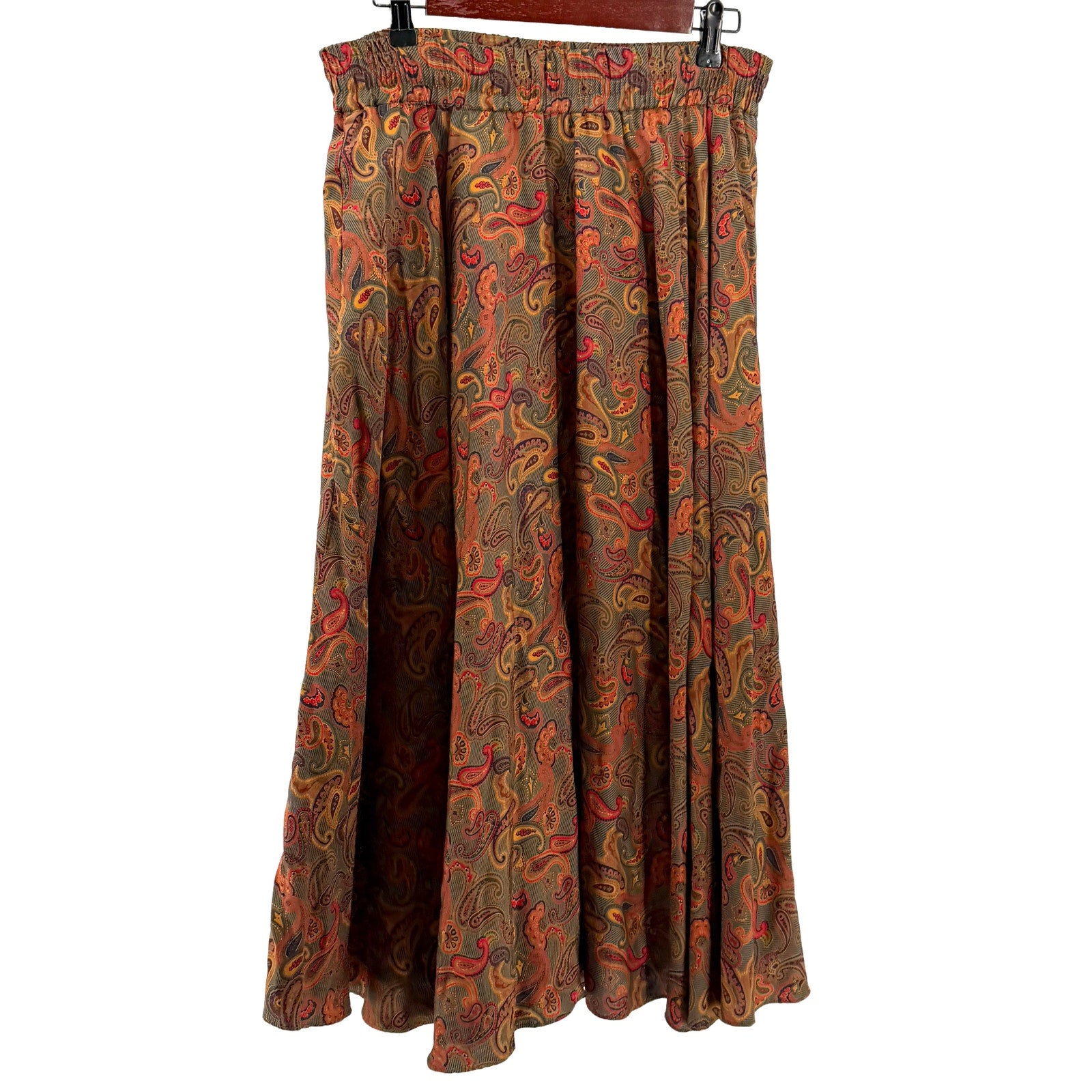 Vintage 80s Jones New York Olive Red Paisley 100% Rayon Circle Skirt