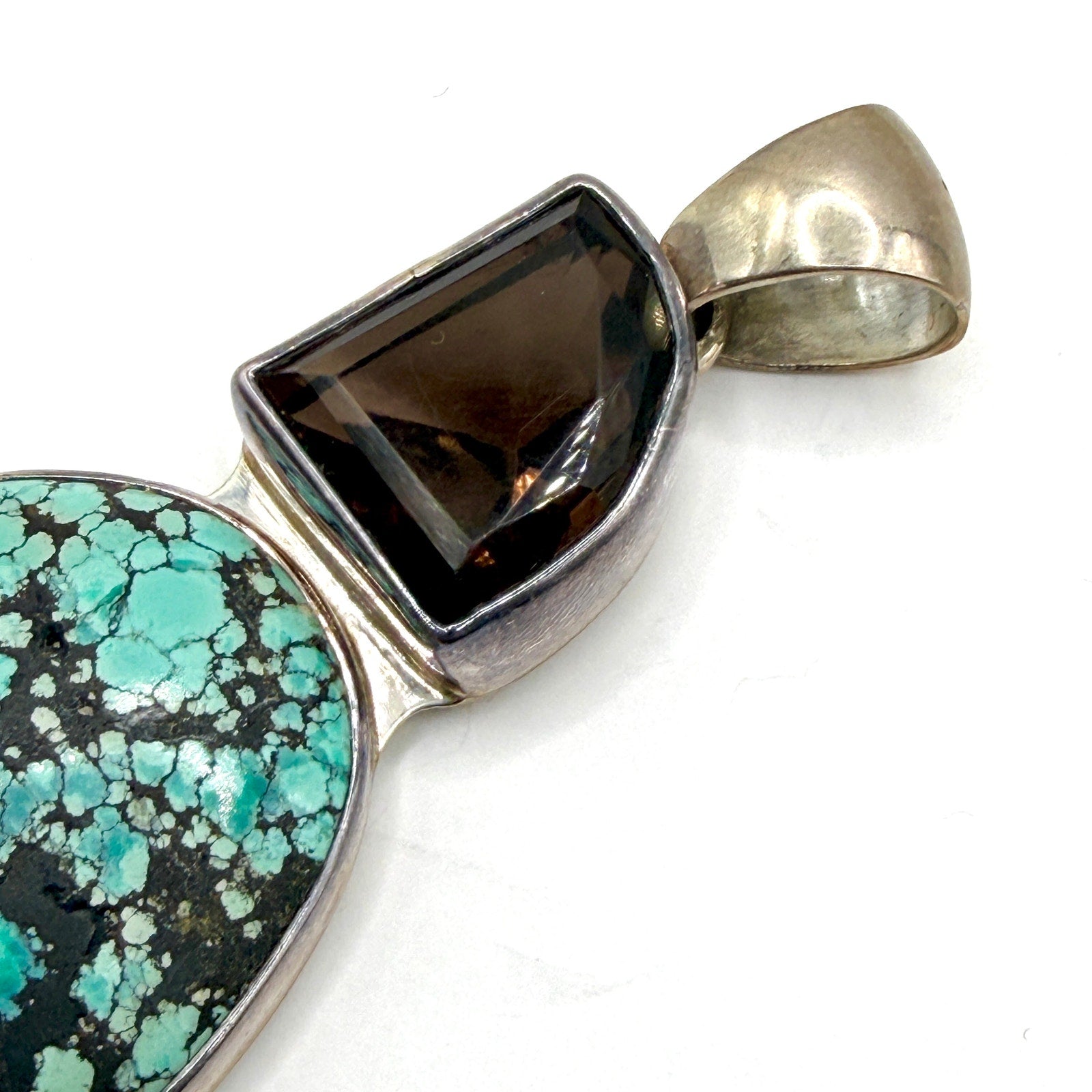 Vintage 90s Sterling Silver Stamped Turquoise Smoky Quartz Statement Pendant