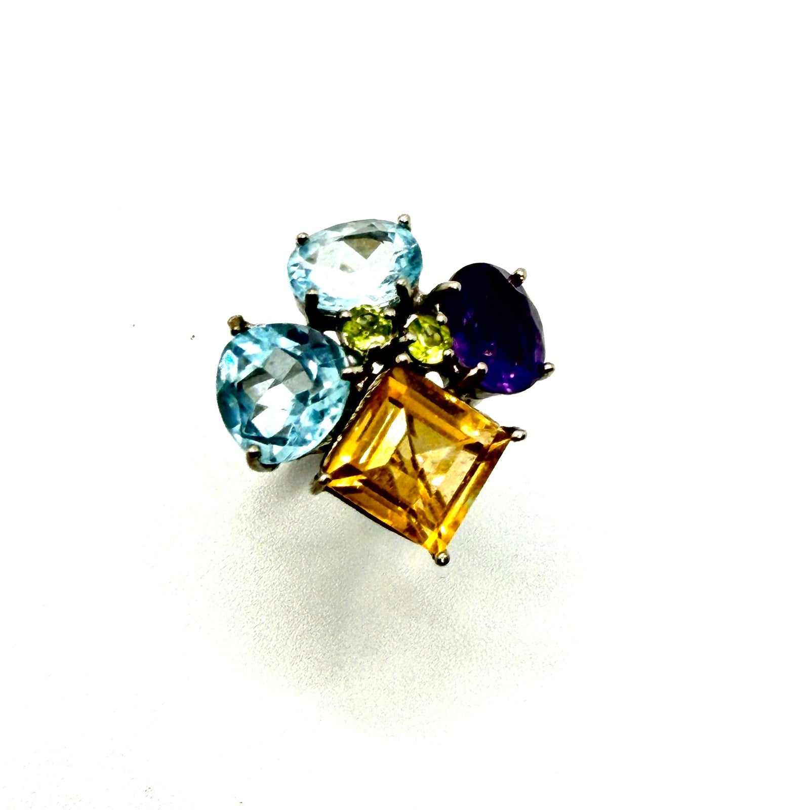 Vintage Y2K Sterling Silver Topaz Amethyst Gemstone Cluster Statement Ring