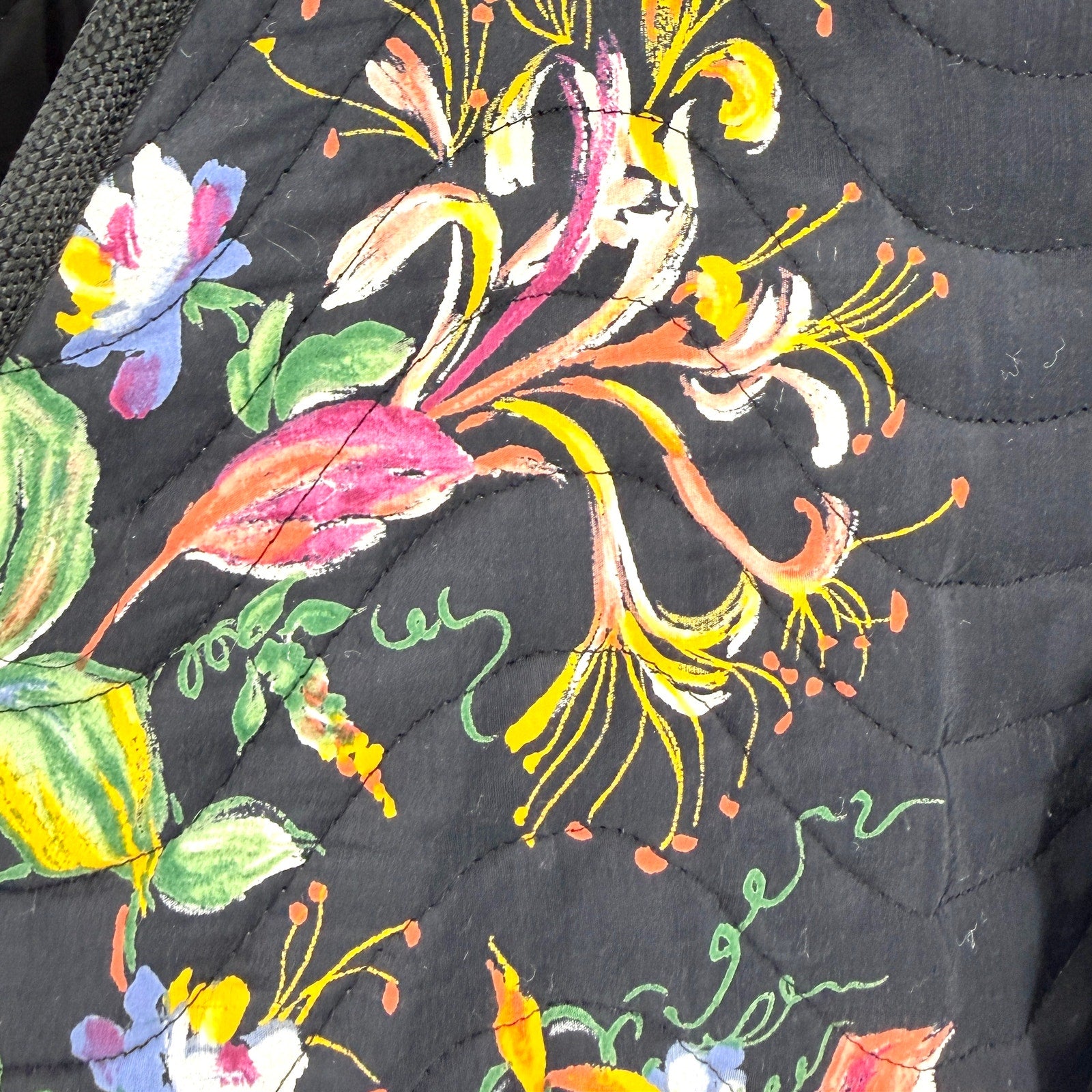 Vintage 90s Bari Black Floral Wearable Art Quilted Open Front Jacket