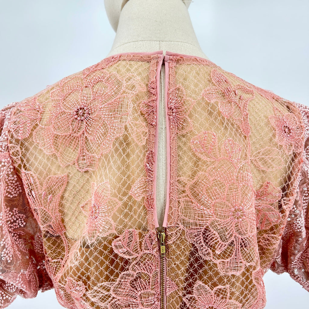 Self-Portrait Blush Pink Sequin Floral Lace Puff Sleeve Mini Dress