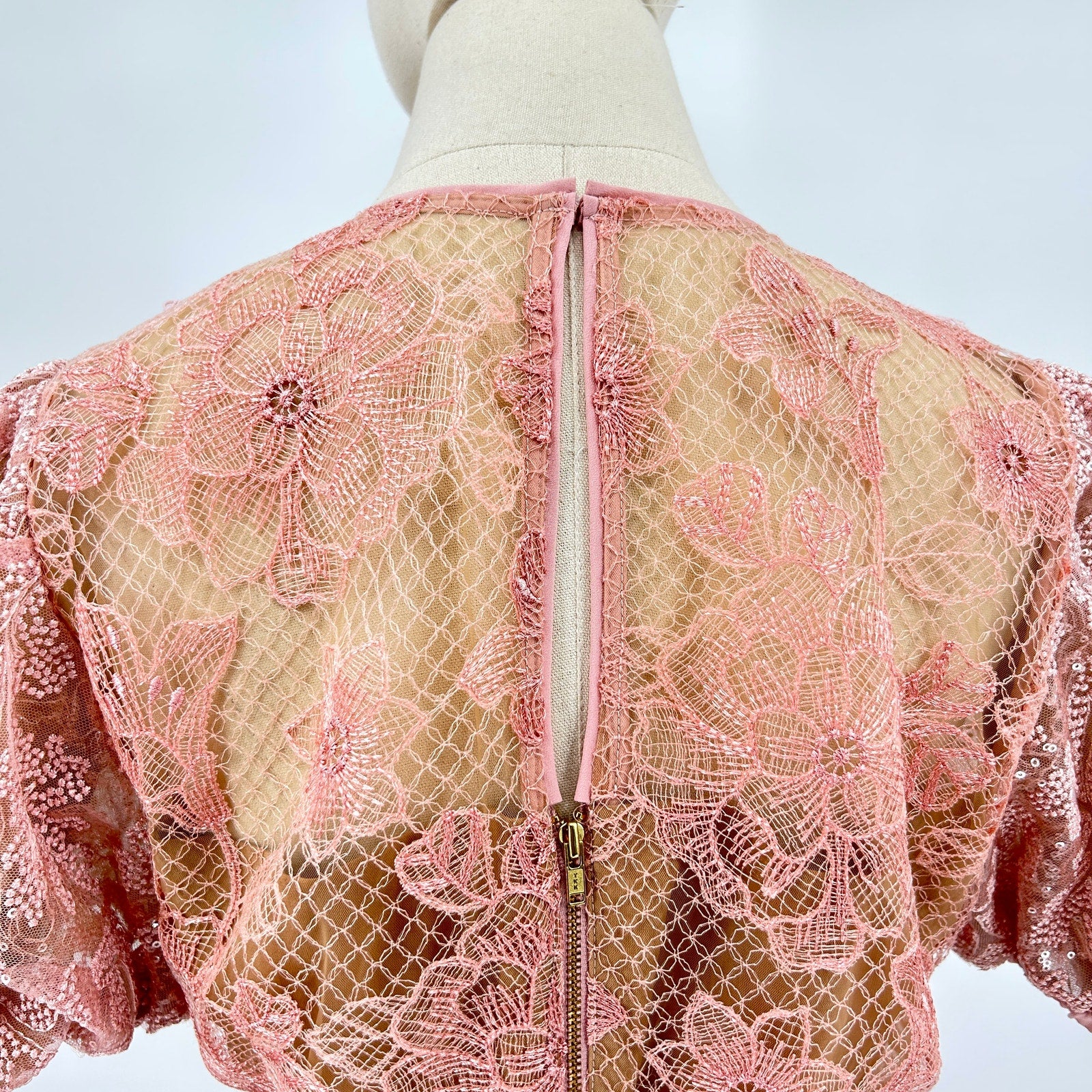 Self-Portrait Blush Pink Sequin Floral Lace Puff Sleeve Mini Dress