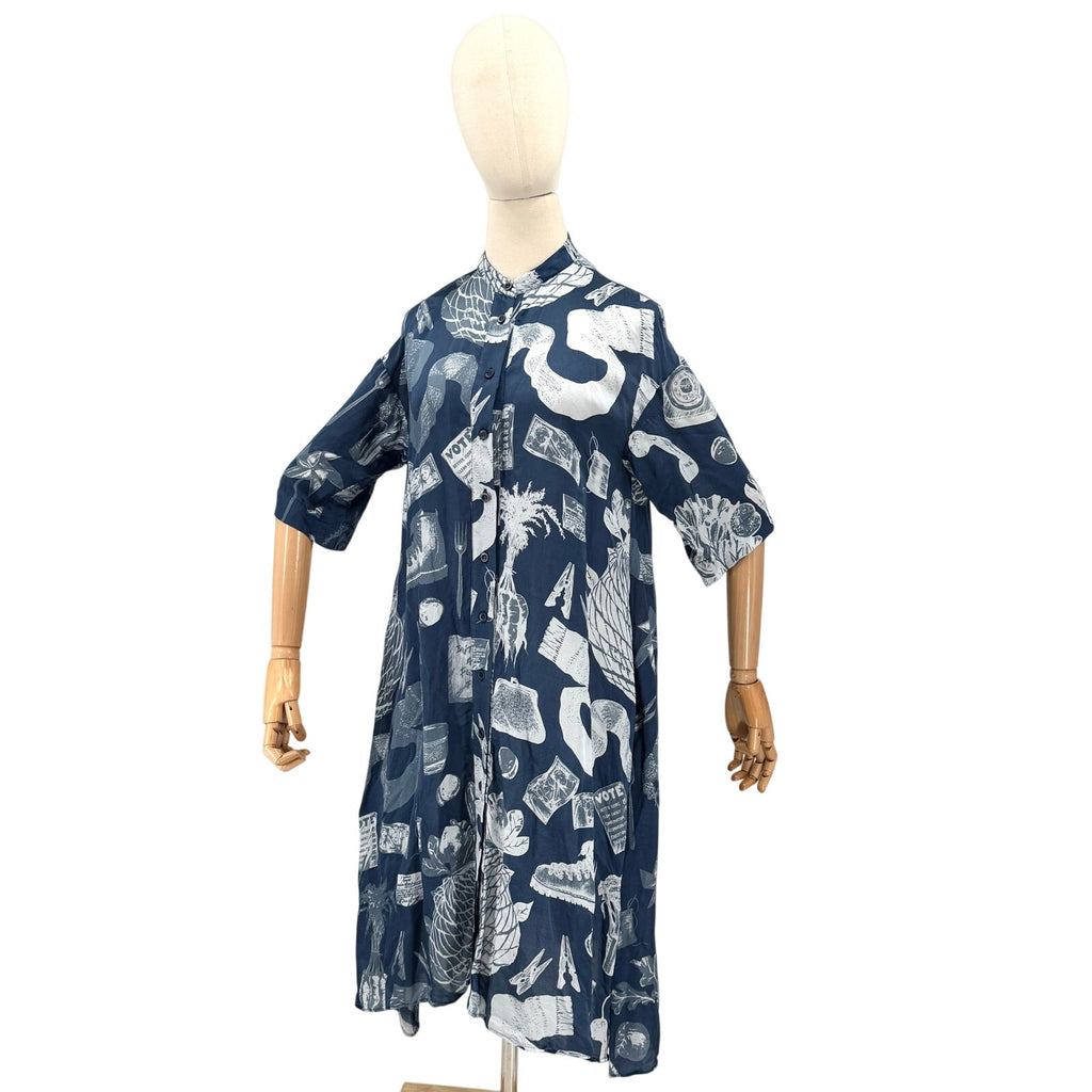 Gung Ho Indigo Blue British Motif Silk Blend Shirt Midi Dress