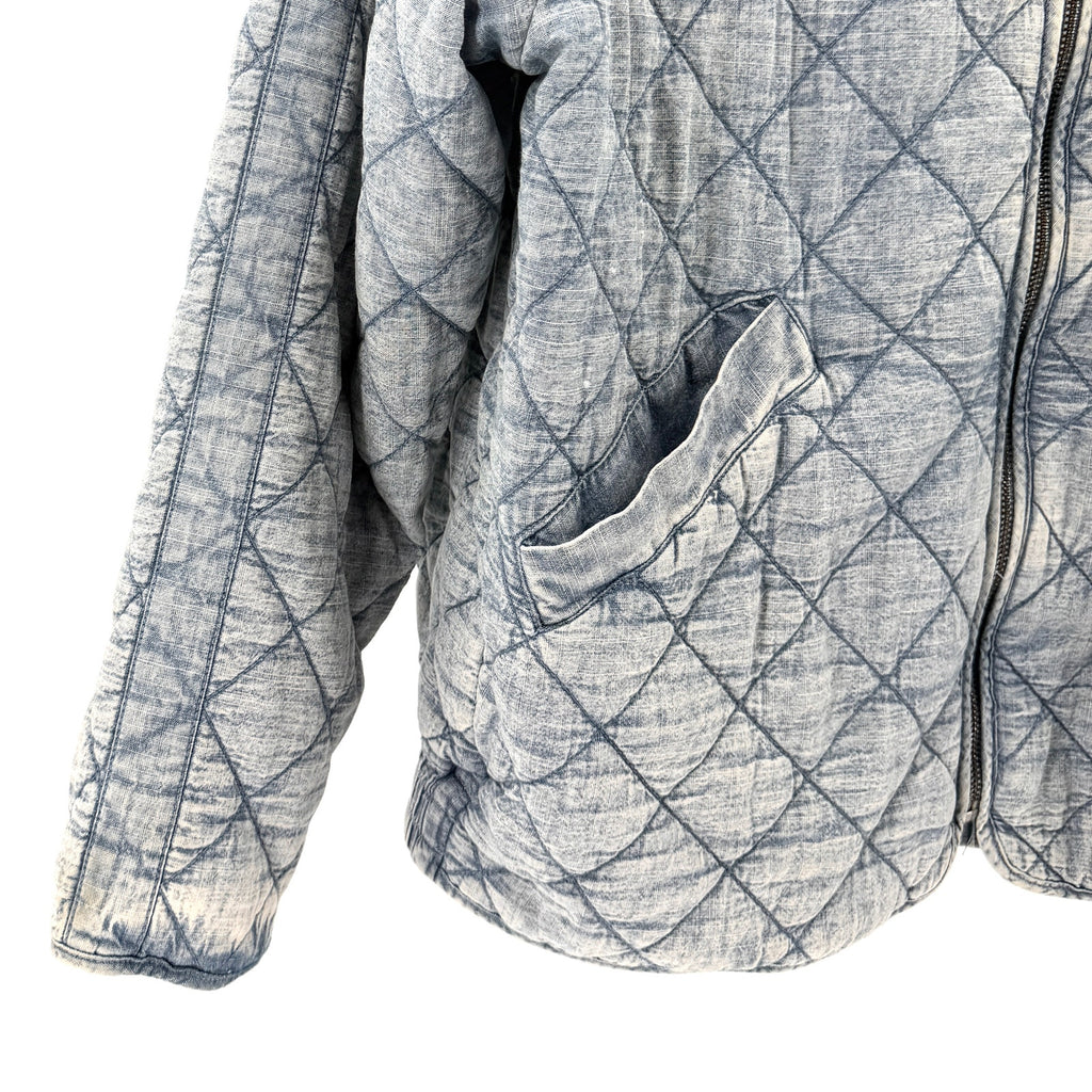Blue 100% Cotton Reversible Quilted Floral Chambray Insulated Bomber Jacket