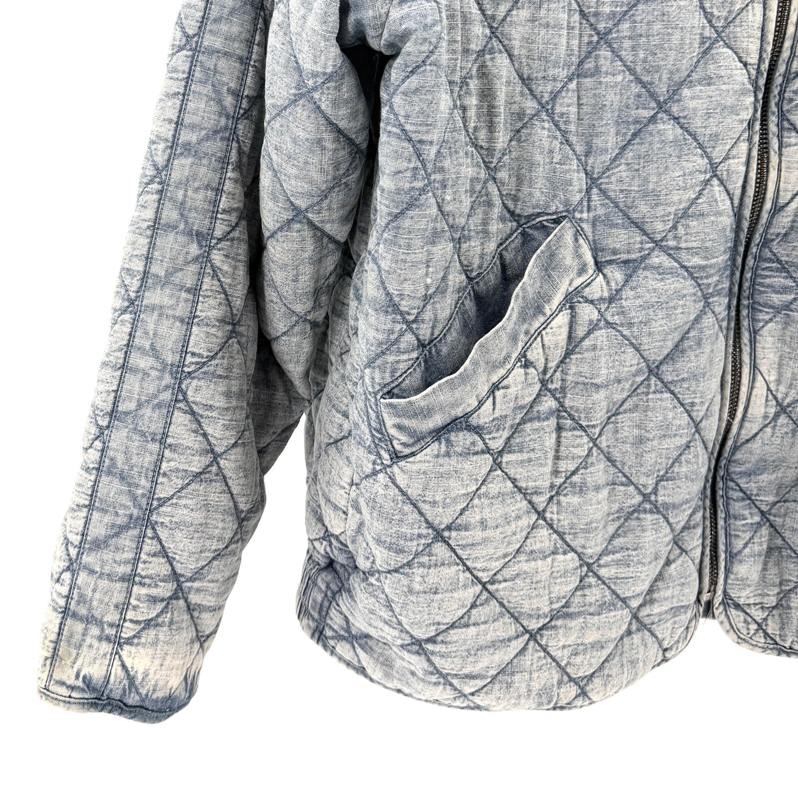 Blue 100% Cotton Reversible Quilted Floral Chambray Insulated Bomber Jacket