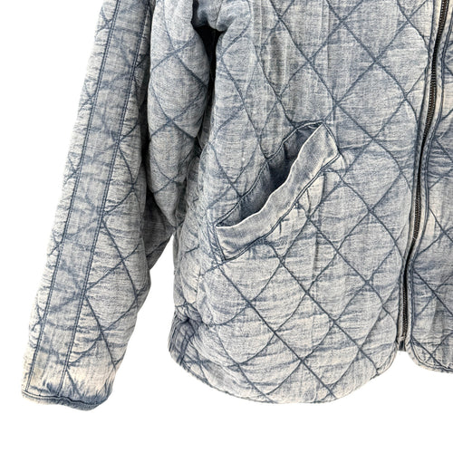 Blue 100% Cotton Reversible Quilted Floral Chambray Insulated Bomber Jacket