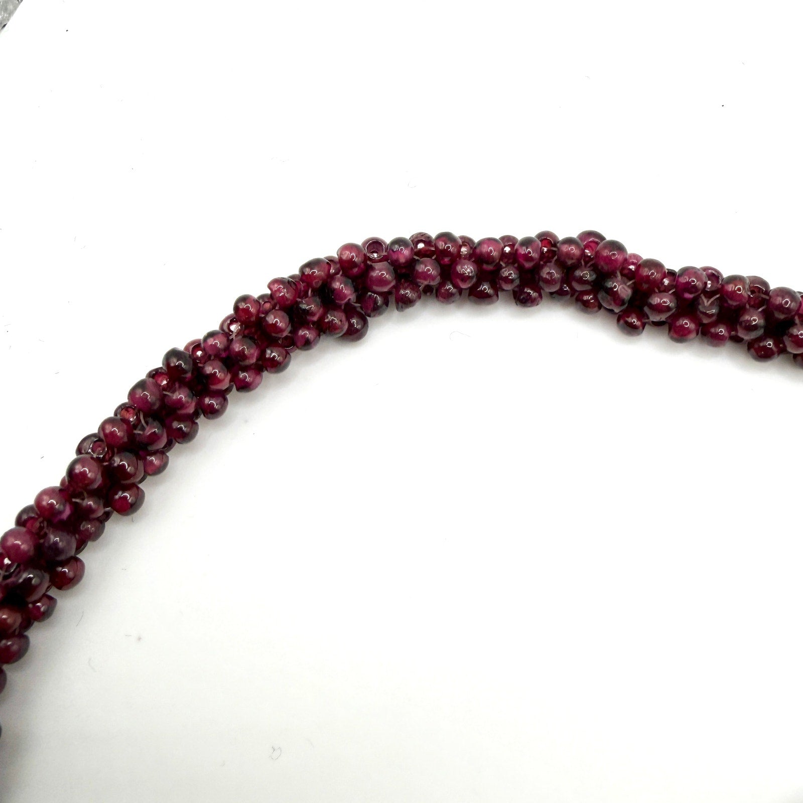 Vintage 90s Deep Red Garnet Woven Seed Bead Continuous Strand Necklace