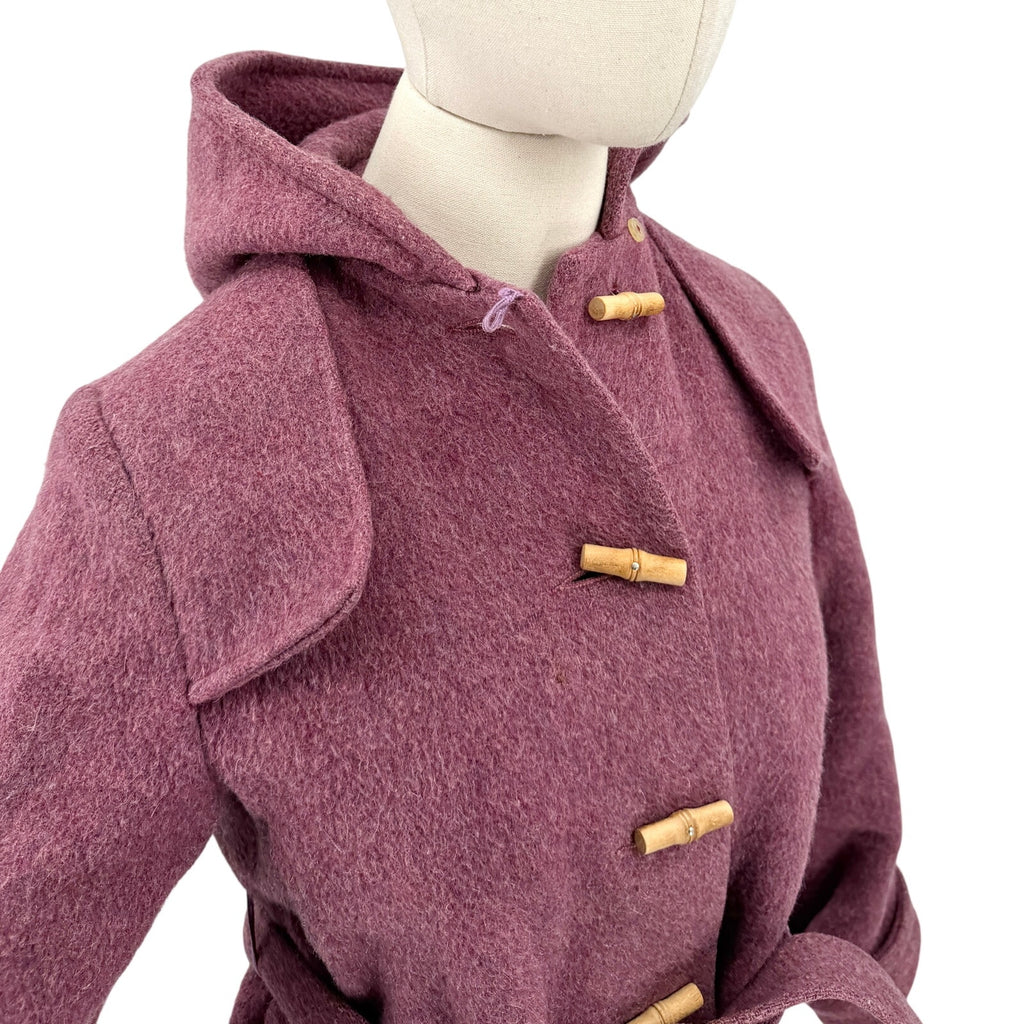 Vintage 70s Hymson's Mauve Purple 100% Wool Hooded Toggle Belted Coat