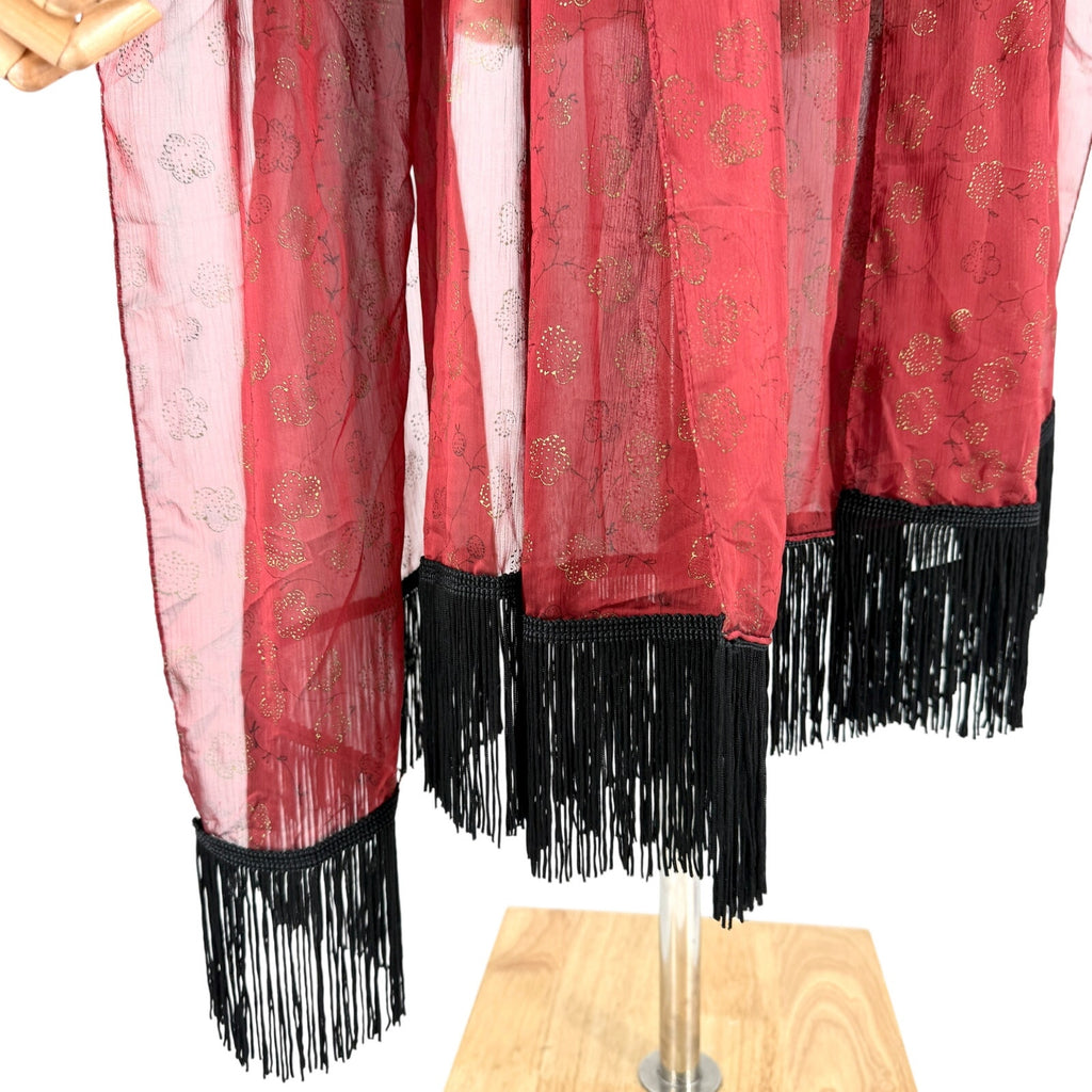 Vintage 90s Red Iridescent Chiffon Black Fringe Evening Wrap Scarf