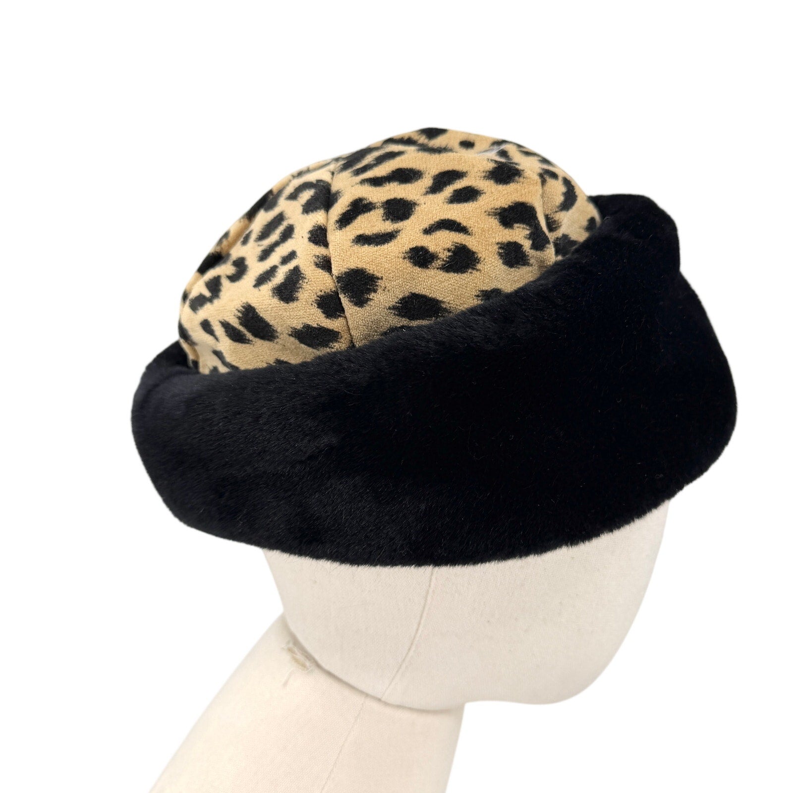 Vintage 90s Liz Claiborne Leopard Black Plush Cossack Hat