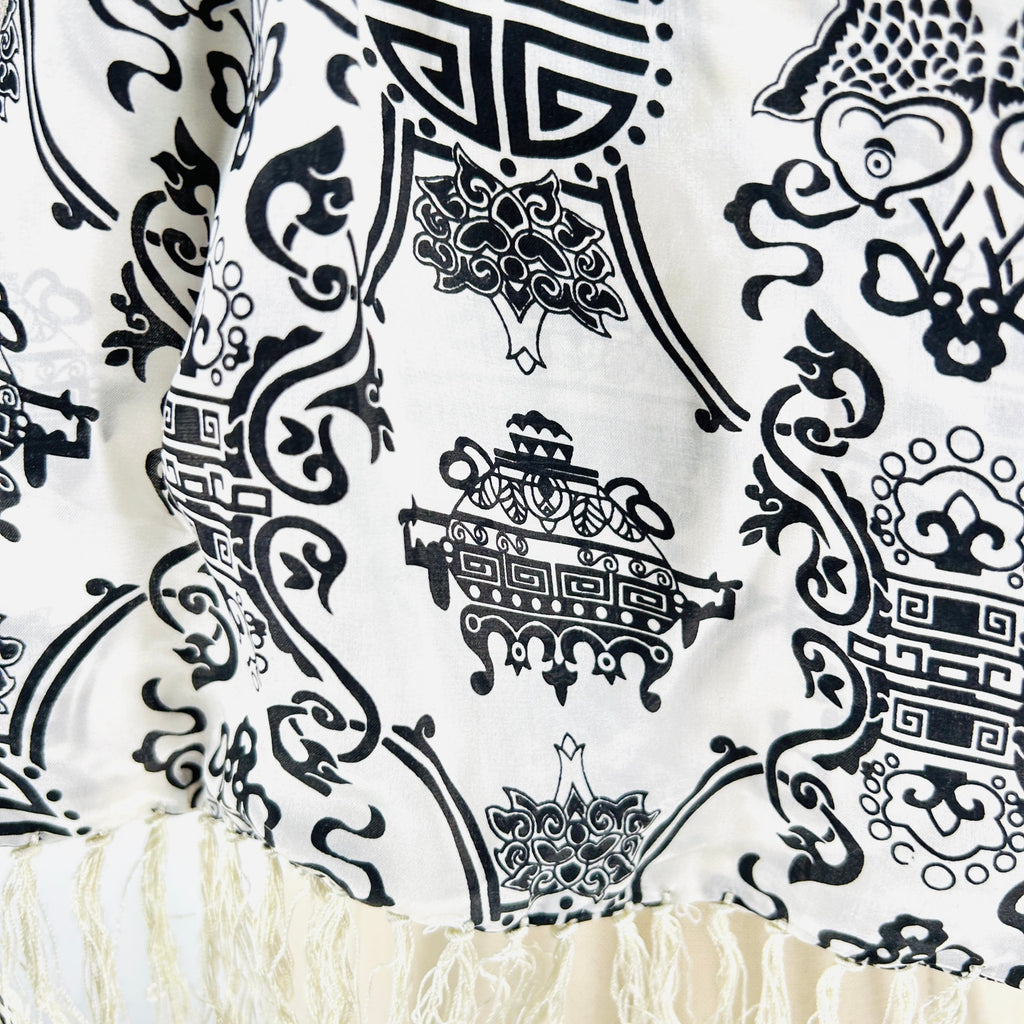 Black White Silk Satin Chinese Asian Motif Tapestry Print Fringe Scarf