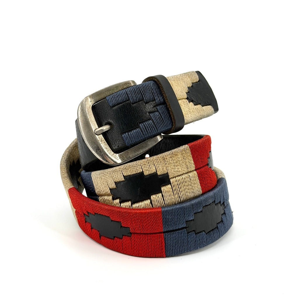 Vintage 90s Black Genuine Leather Aztec Red Blue Stitch Geometric Buckle Belt