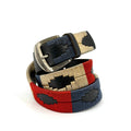 Vintage 90s Black Genuine Leather Aztec Red Blue Stitch Geometric Buckle Belt