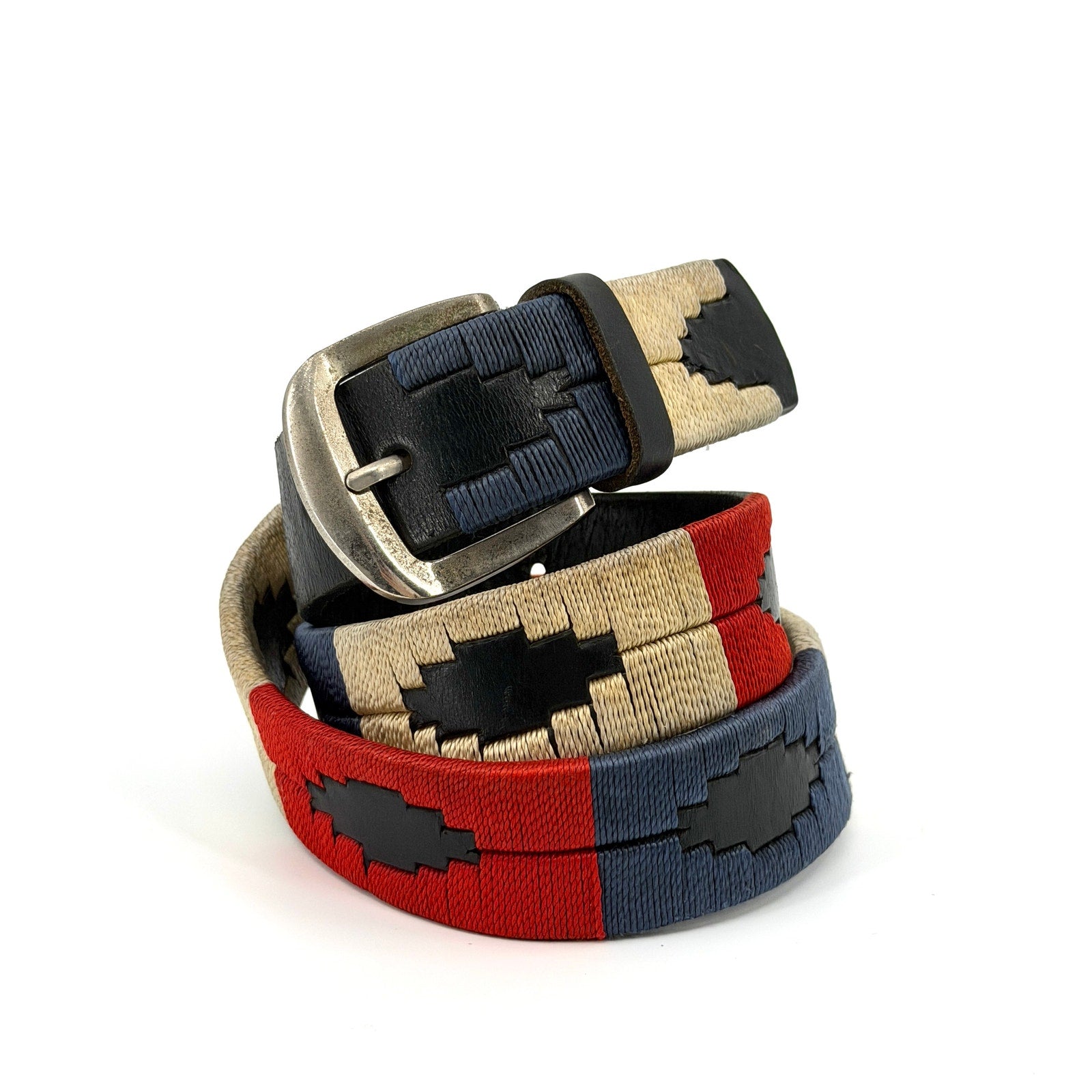 Vintage 90s Black Genuine Leather Aztec Red Blue Stitch Geometric Buckle Belt