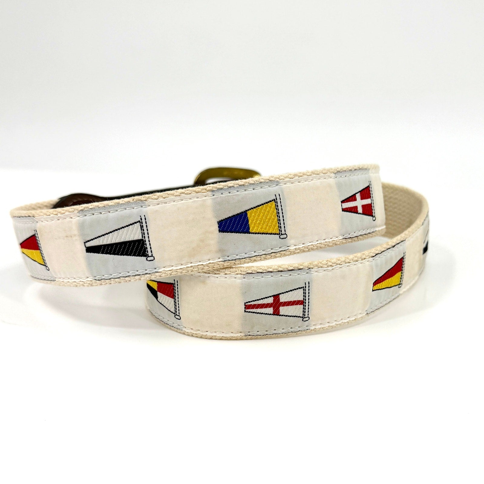 Vintage 90s White Woven Nautical Signal Flag Canvas Leather Trim Belt