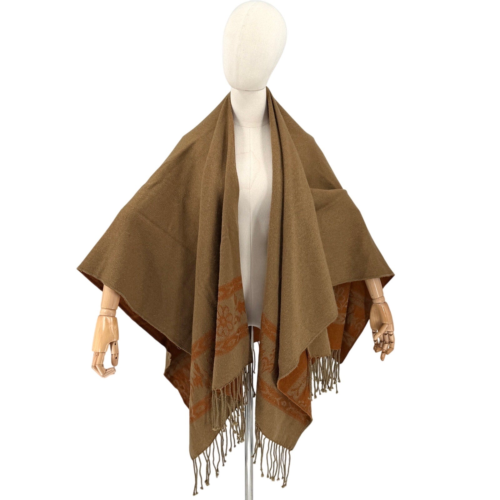 Vintage Y2K Earthy Copper Floral Fringe Wool Blend Open Front Poncho Wrap Ruana