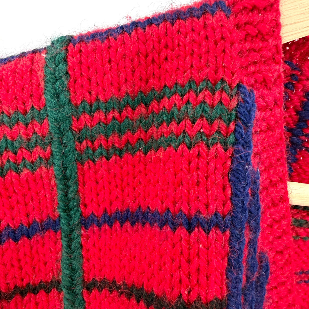 Vintage 80s Allen Solly Red 100% Wool Tartan Preppy V-Neck Sweater Vest