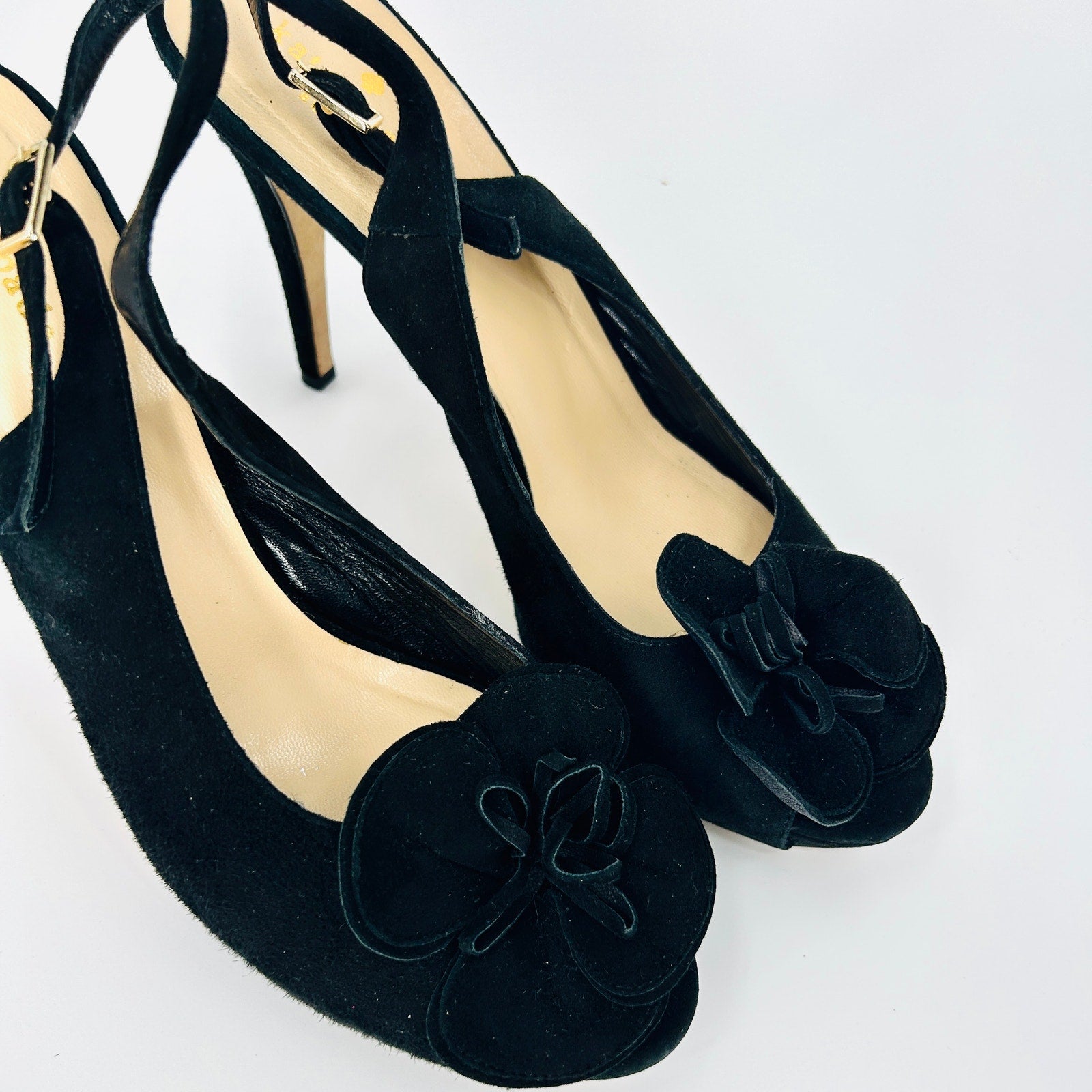 Kate Spade Black Genuine Suede Leather Rosette Platform Slingback Heels