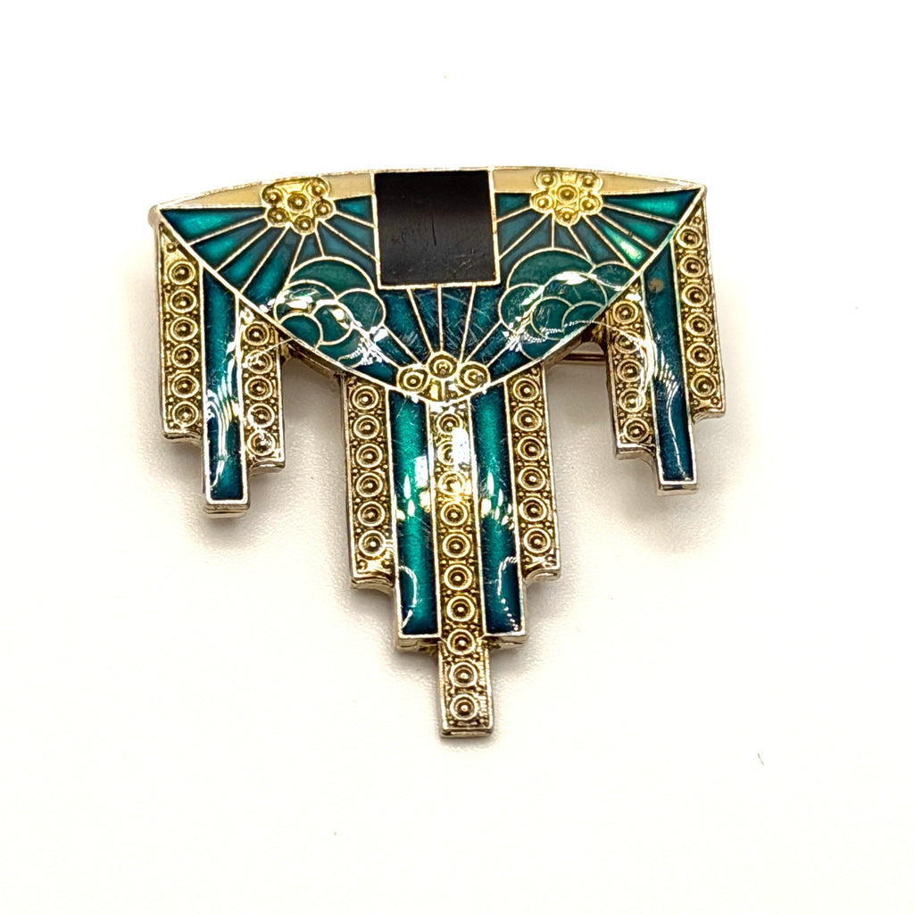Vintage 90s Teal Enamel Gold Tone Art Deco Revival Geometric Fan Brooch Pin
