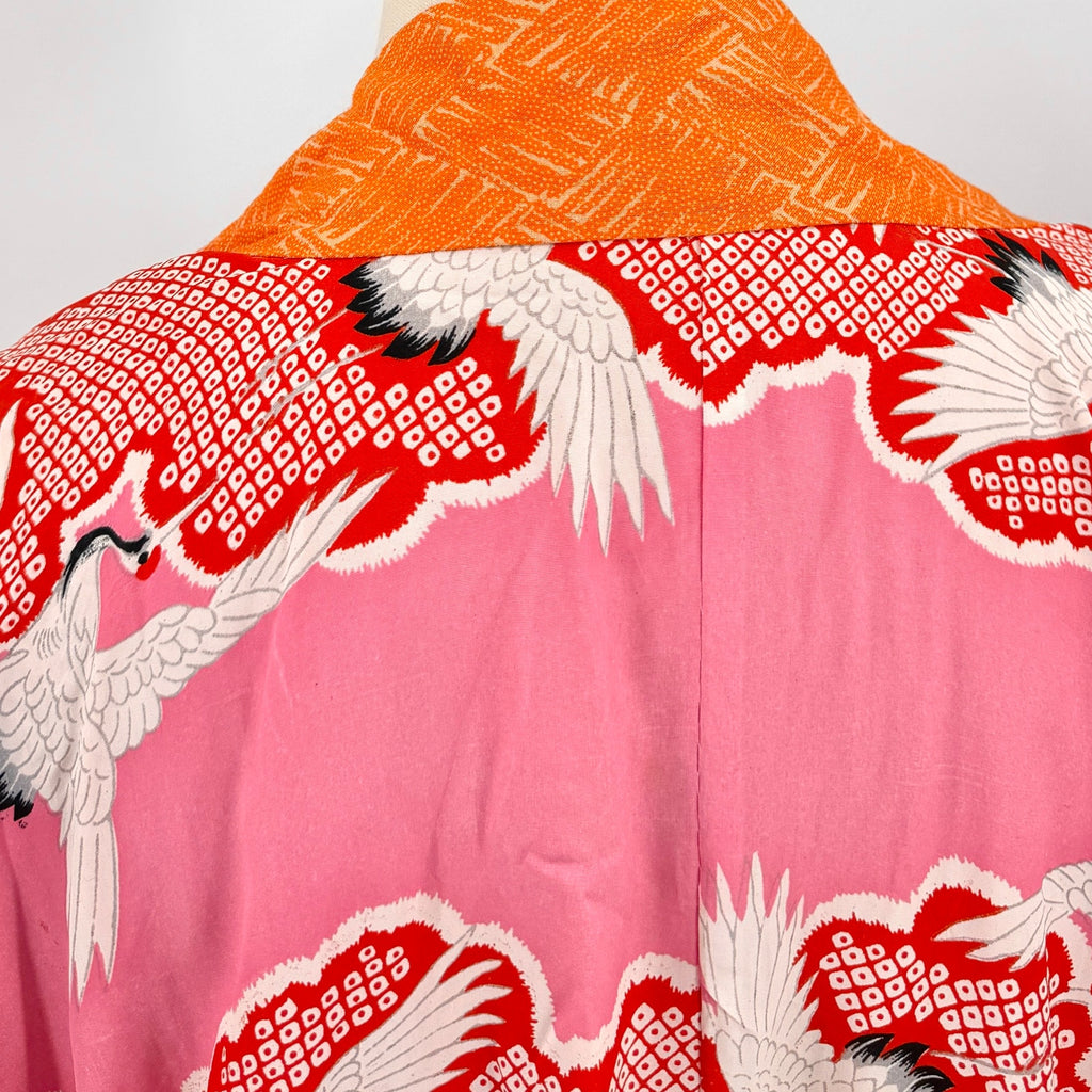 Vintage 60s Showa Era Pink Orange Silk Crane Motif Haori Kimono Jacket