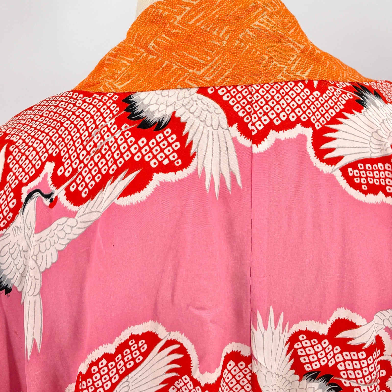 Vintage 60s Showa Era Pink Orange Silk Crane Motif Haori Kimono Jacket