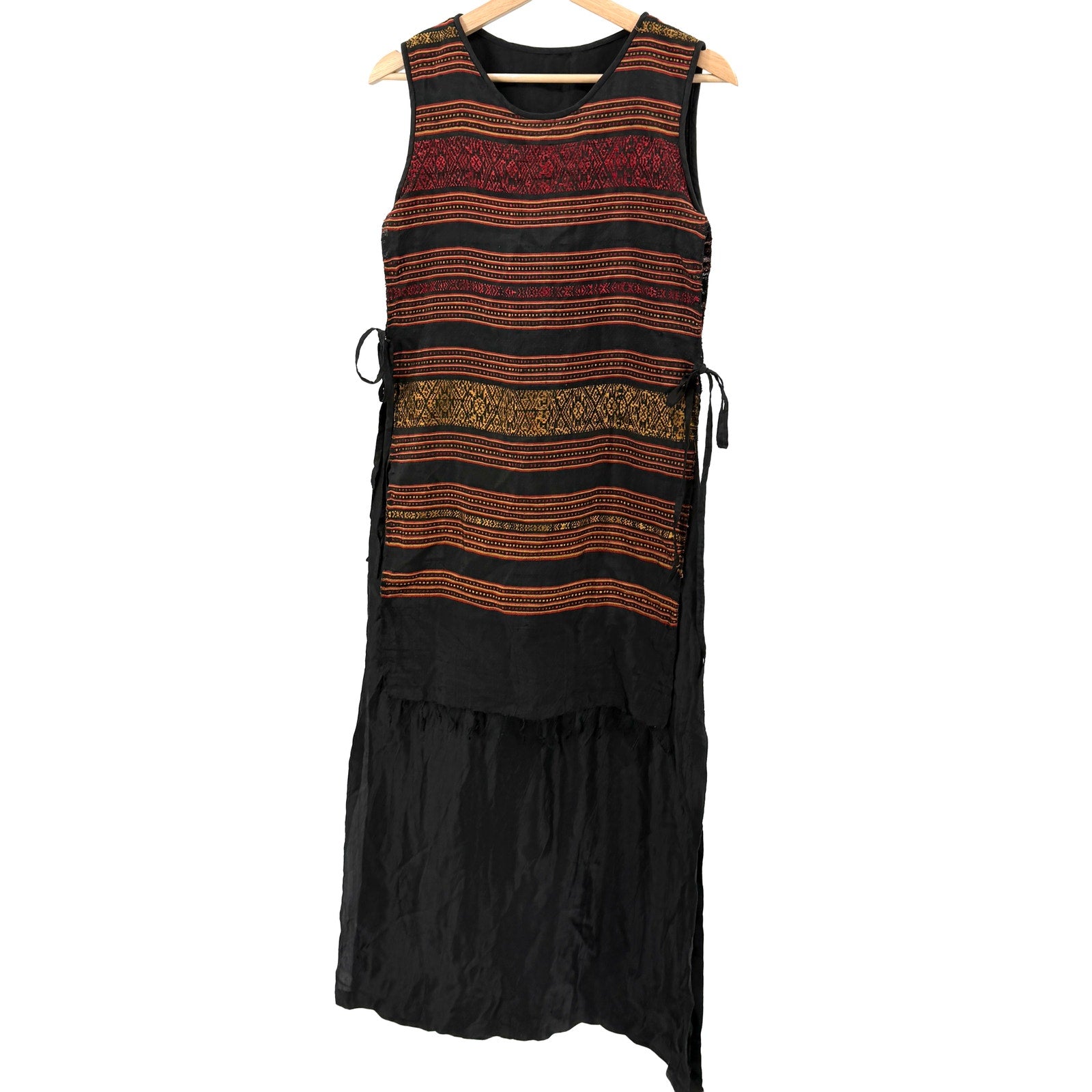 Vintage 90s Black Red Gold 100% Silk Tribal Woven Overlay Side Tie Shift Dress