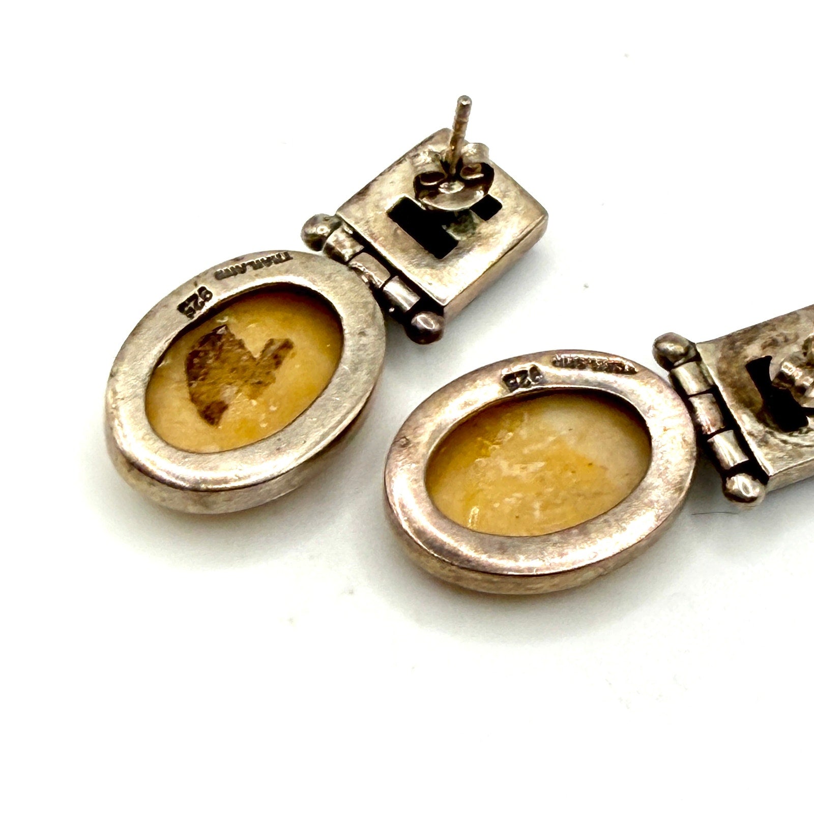 Vintage 90s Sterling Silver Butterscotch Amber Onyx Inclusion Drop Earrings