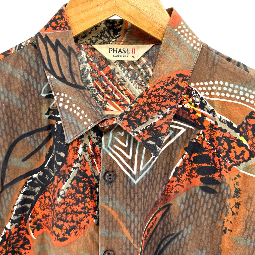 Vintage 90s Phase II Brown Orange Abstract Geometric Short Sleeve Button Up