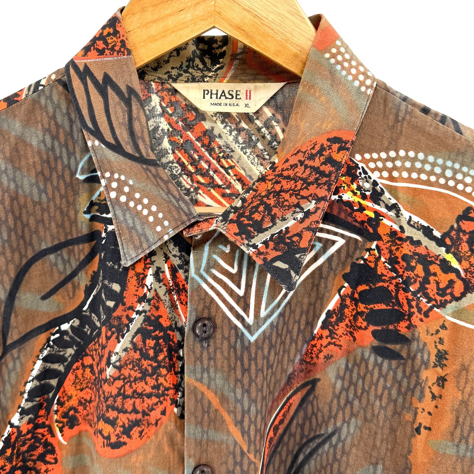 Vintage 90s Phase II Brown Orange Abstract Geometric Short Sleeve Button Up