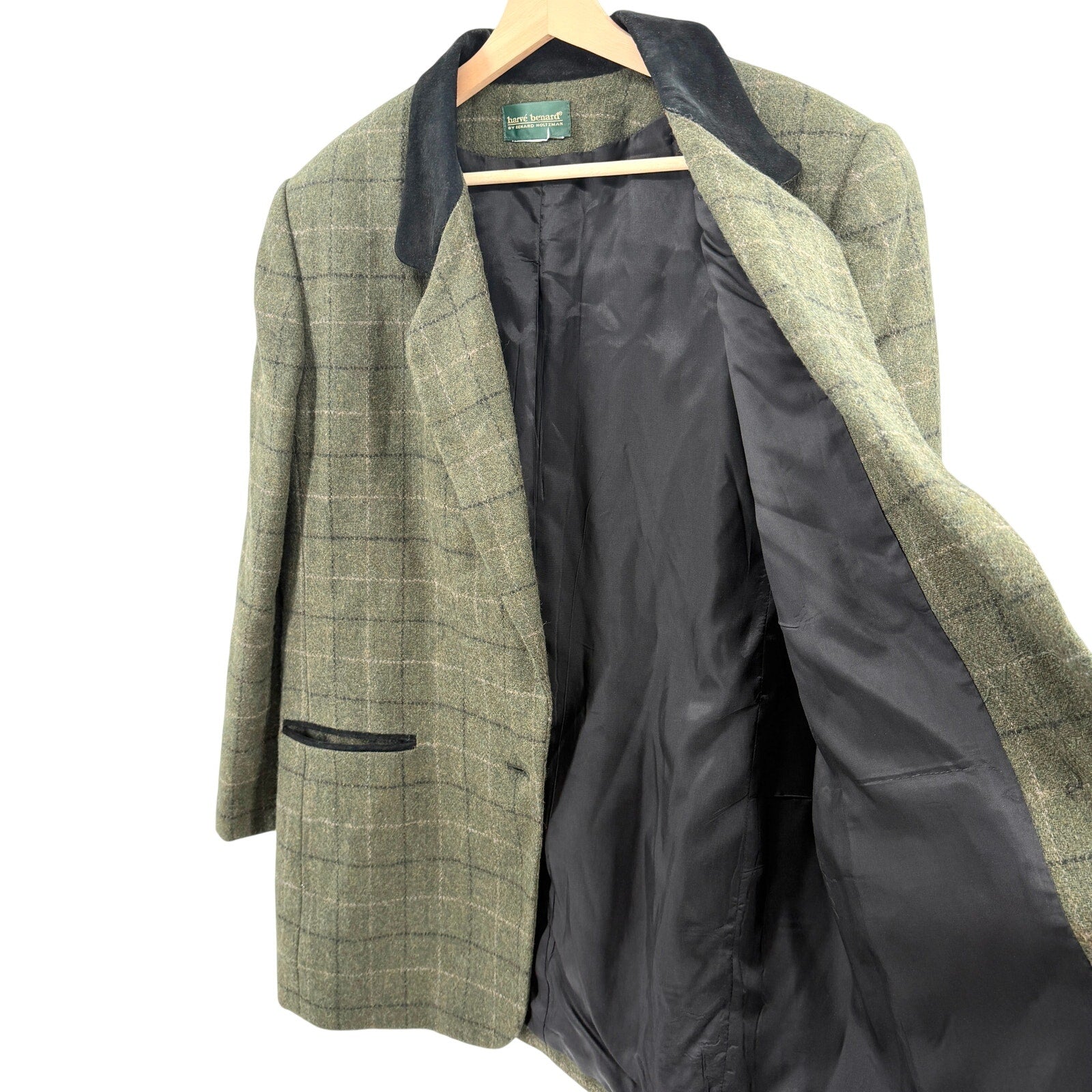 Vintage 90s Harve Benard Green Oversized 100% Wool Genuine Suede Trim Blazer