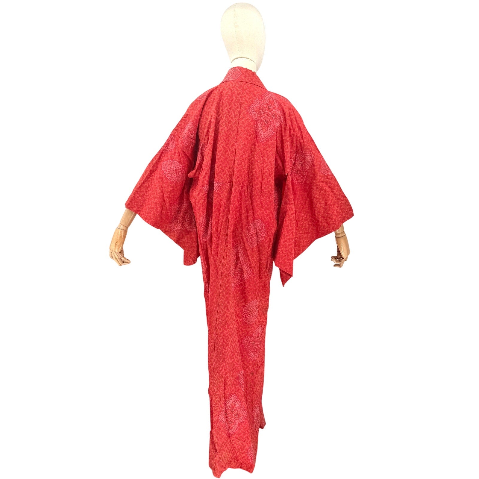 Vintage 50s Showa Era Red Orange 100% Woven Tsumugi Silk Kasuri Ikat Kimono Robe
