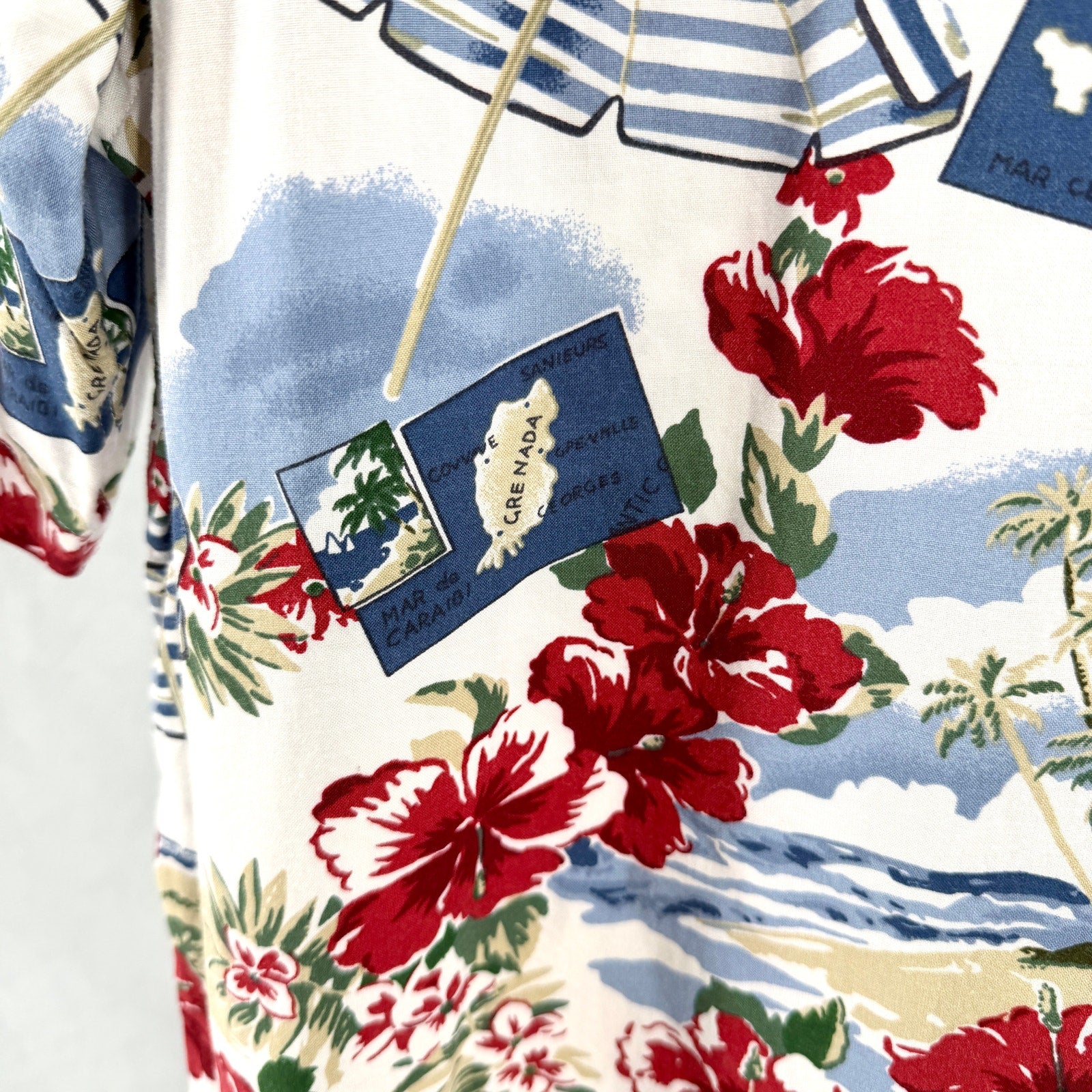 Vintage 90s Roundtree & Yorke Blue Red Hibiscus Caribbean Map Aloha Shirt