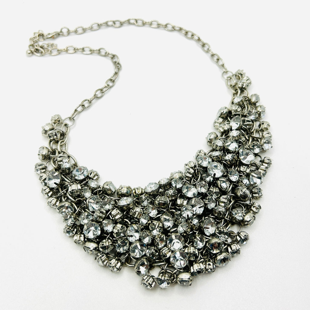 Y2k Silver White Rhinestone Crystal Chain Link Bib Glam Bling Costume Necklace
