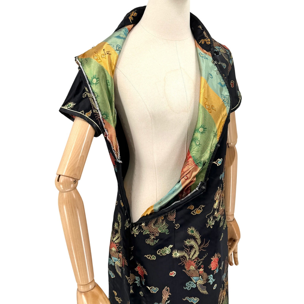 Vintage Y2K Lian Lin Black Metallic Dragon Phoenix Cheongsam Qipao Maxi Dress