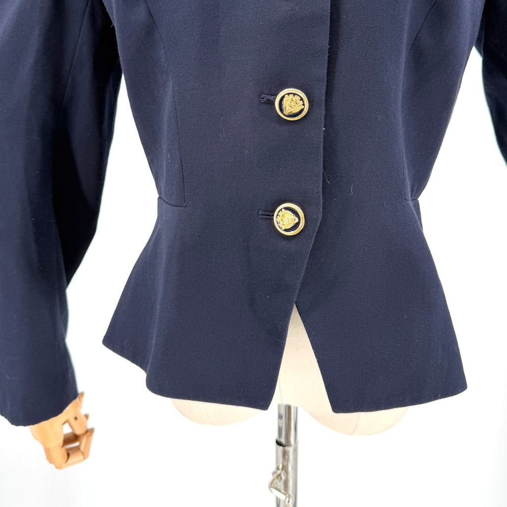 Vintage 80s Sassoon Navy Blue Puff Sleeve Peplum Fitted Blazer Jacket