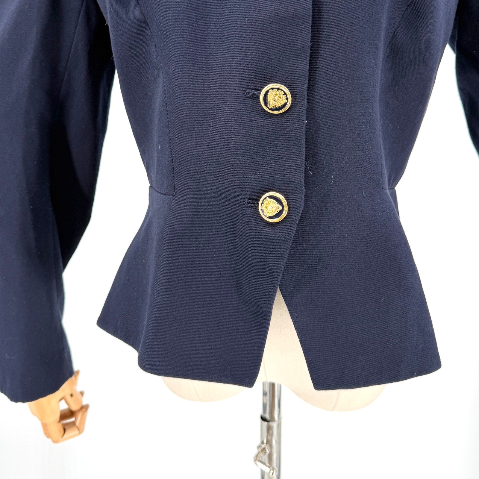 Vintage 80s Sassoon Navy Blue Puff Sleeve Peplum Fitted Blazer Jacket