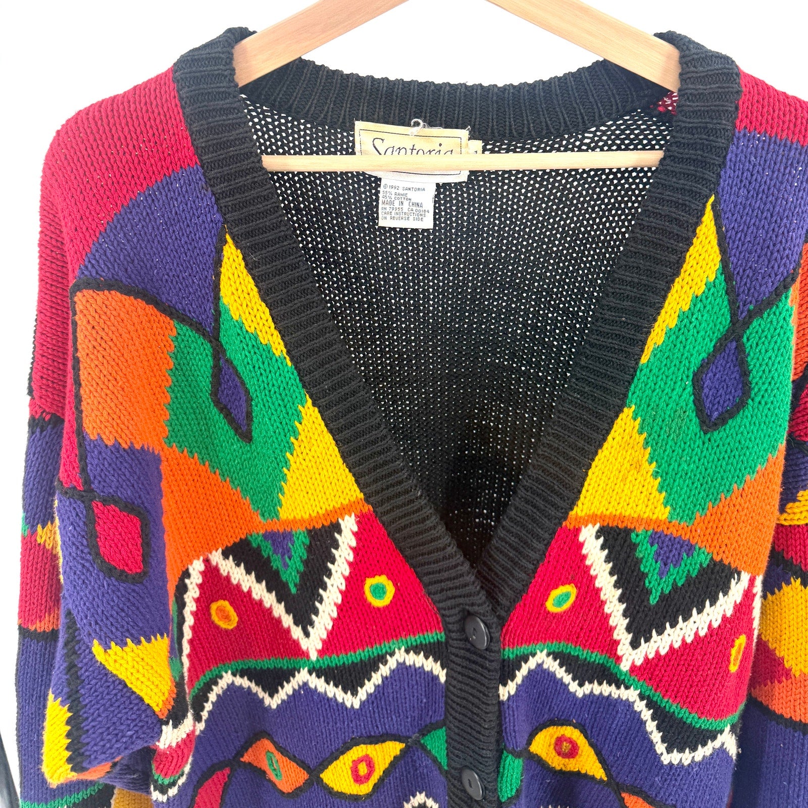 Vintage 90s Santoria Multicolor Geometric Oversized Knit Cardigan Sweater