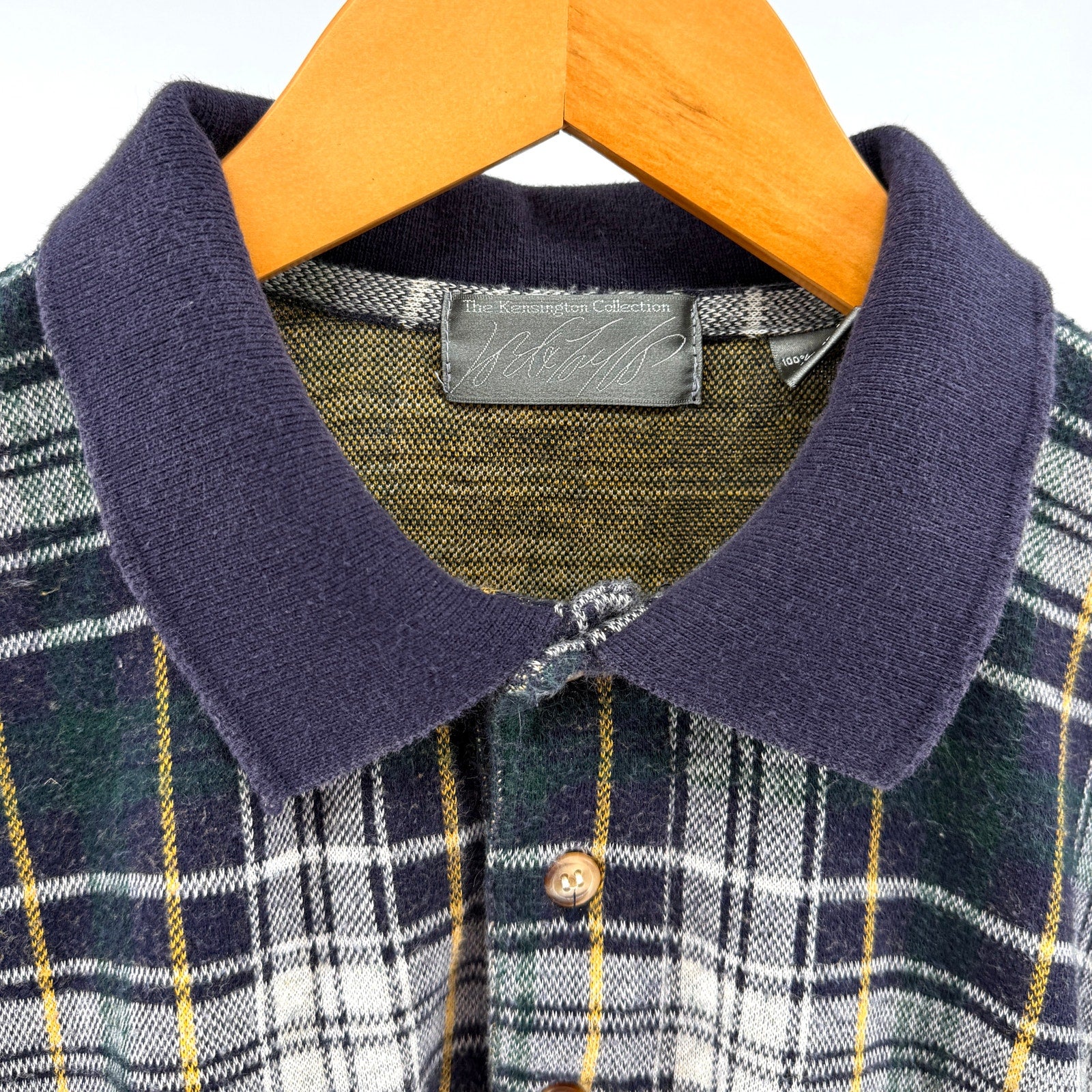 Vintage 90s Lord & Taylor 100% Cotton Blue Green Woven Knit Plaid Polo Shirt