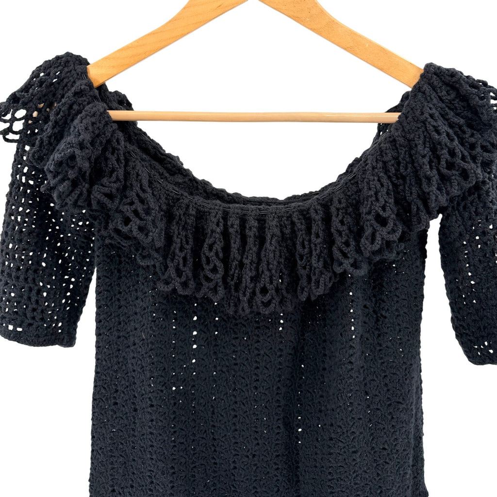 Vintage Y2K Black Off Shoulder Ruffle Open Knit Sweater Top
