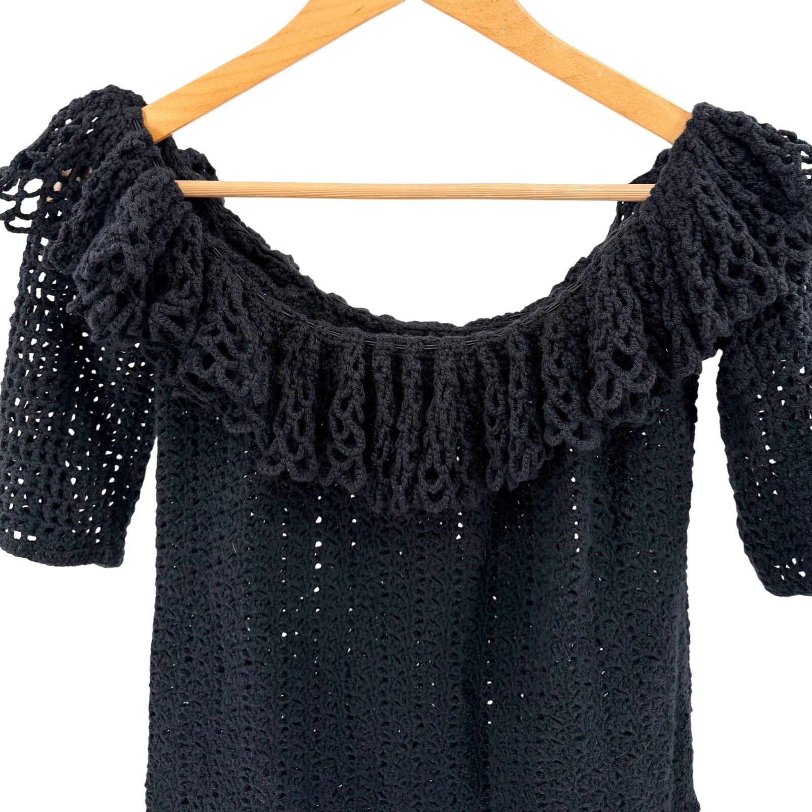 Vintage Y2K Black Off Shoulder Ruffle Open Knit Sweater Top