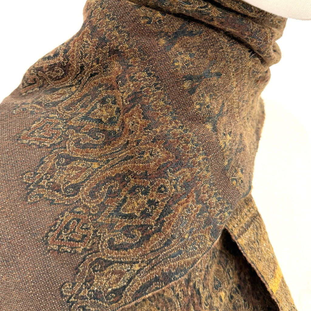 Vintage Y2K Olive Green Paisley 100% Wool Woven Fringe Oblong Scarf