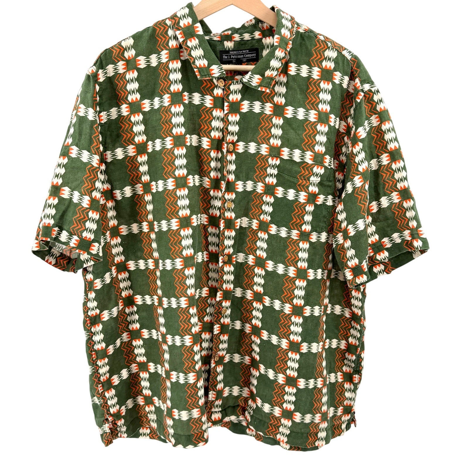 J. Peterman Company Green 100% Linen Tribal Print Short Sleeve Shirt