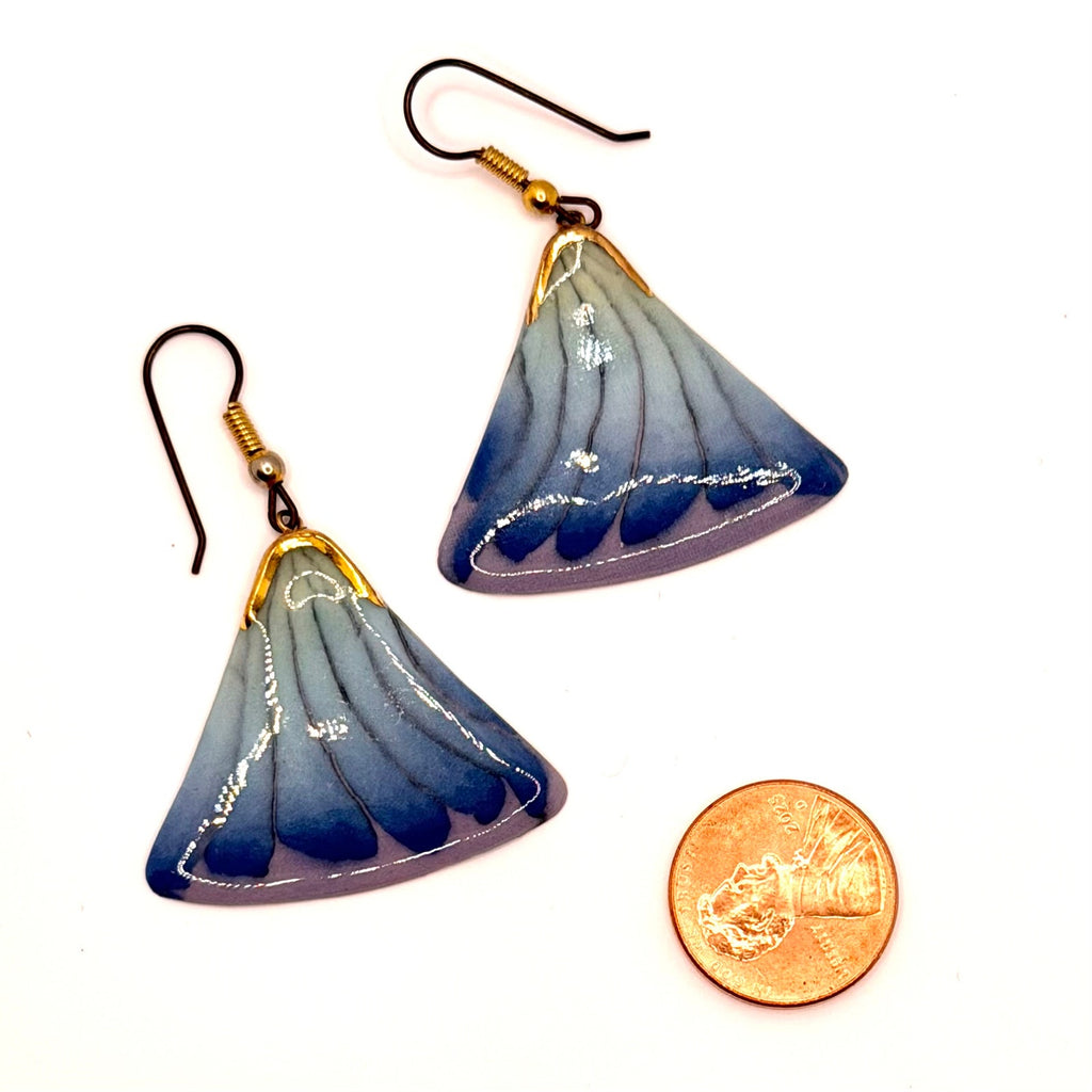 Vintage 90s Blue Purple Gradient Enamel Fan Dangle Earrings