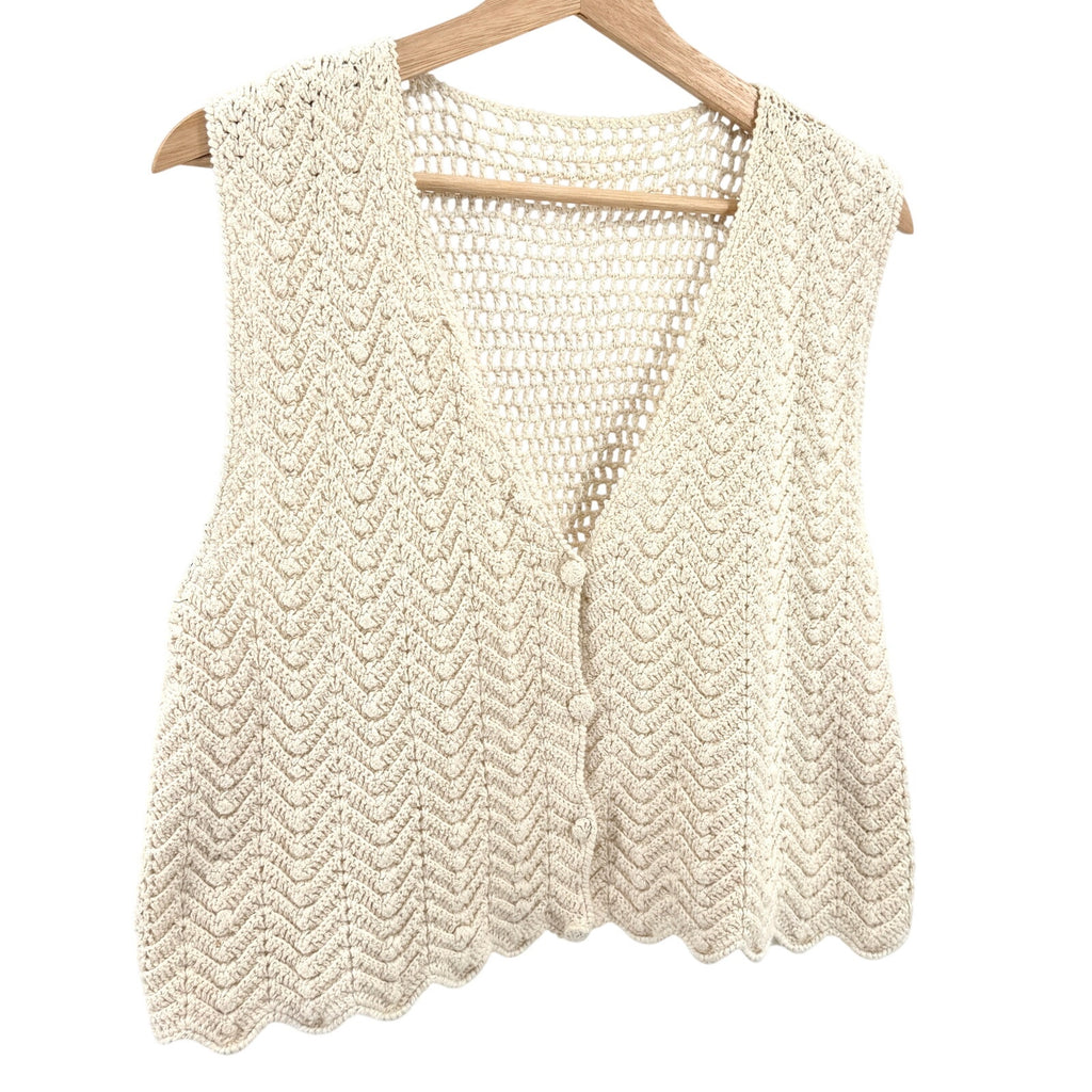 Vintage 90s Cream Ivory 100% Cotton Crochet Boho Button Front Vest