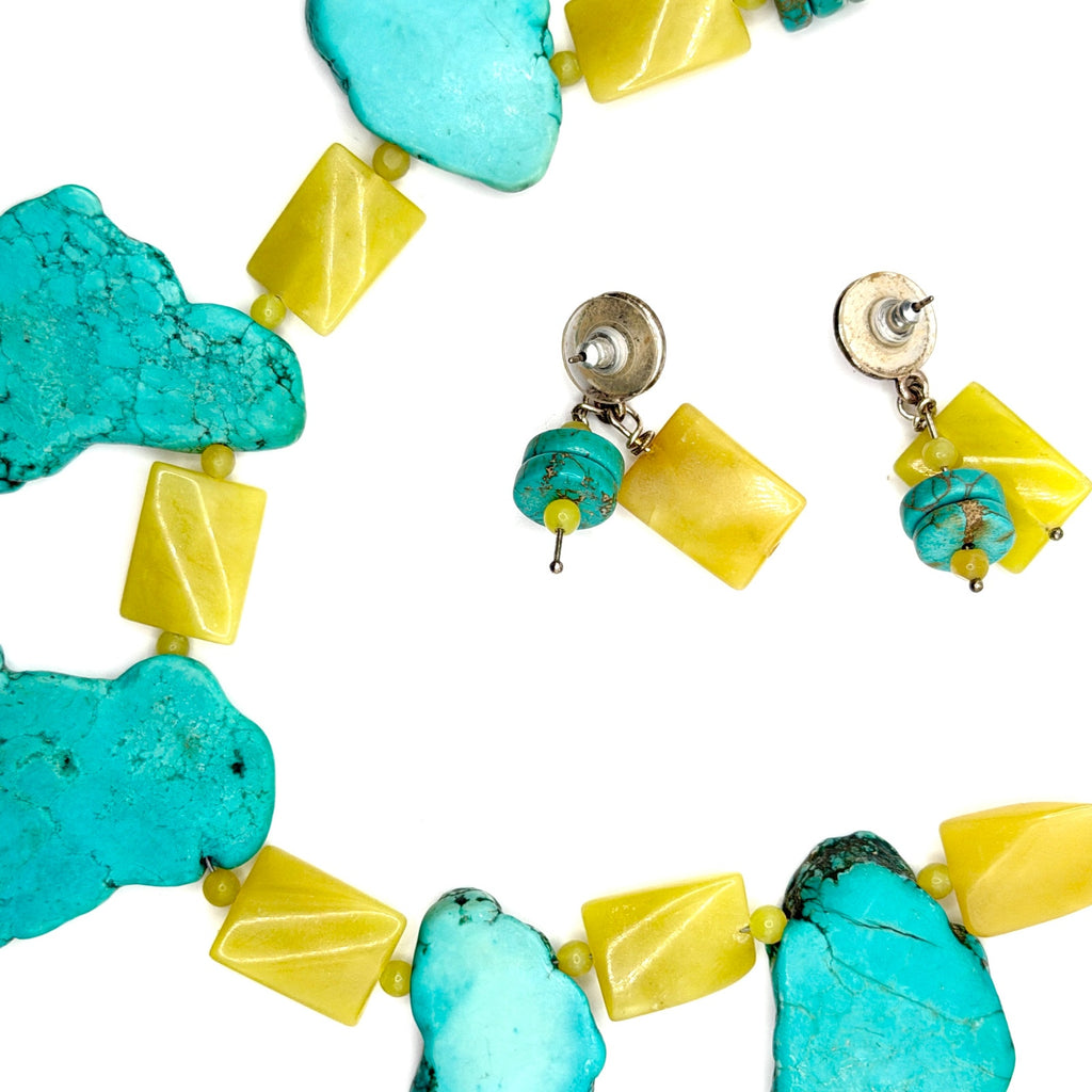 Vintage 90s Chunky Turquoise Yellow Jade Southwestern Statement Set
