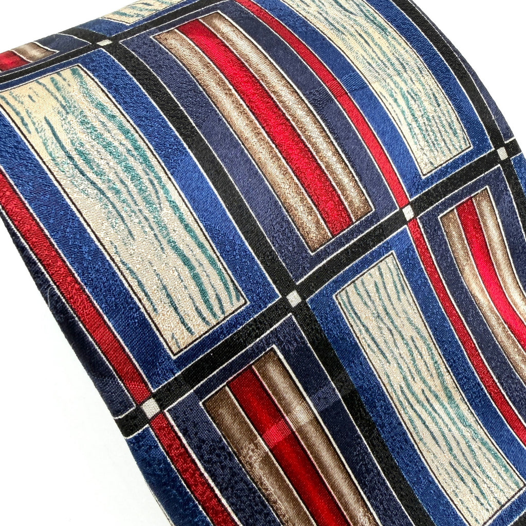 Vintage 90s Albert Nipon Navy Blue Red Silk Geometric Stripe Necktie